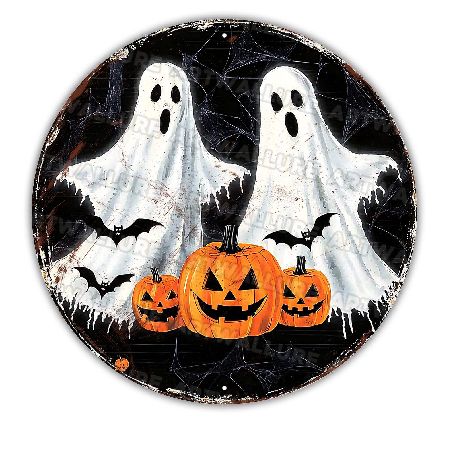 Round Happy Halloween Wreath Vintage Sign Halloween Ghost Metal Tin Sign for Home Bar Kitchen Hotel Dining Room Coffee 12x12inch