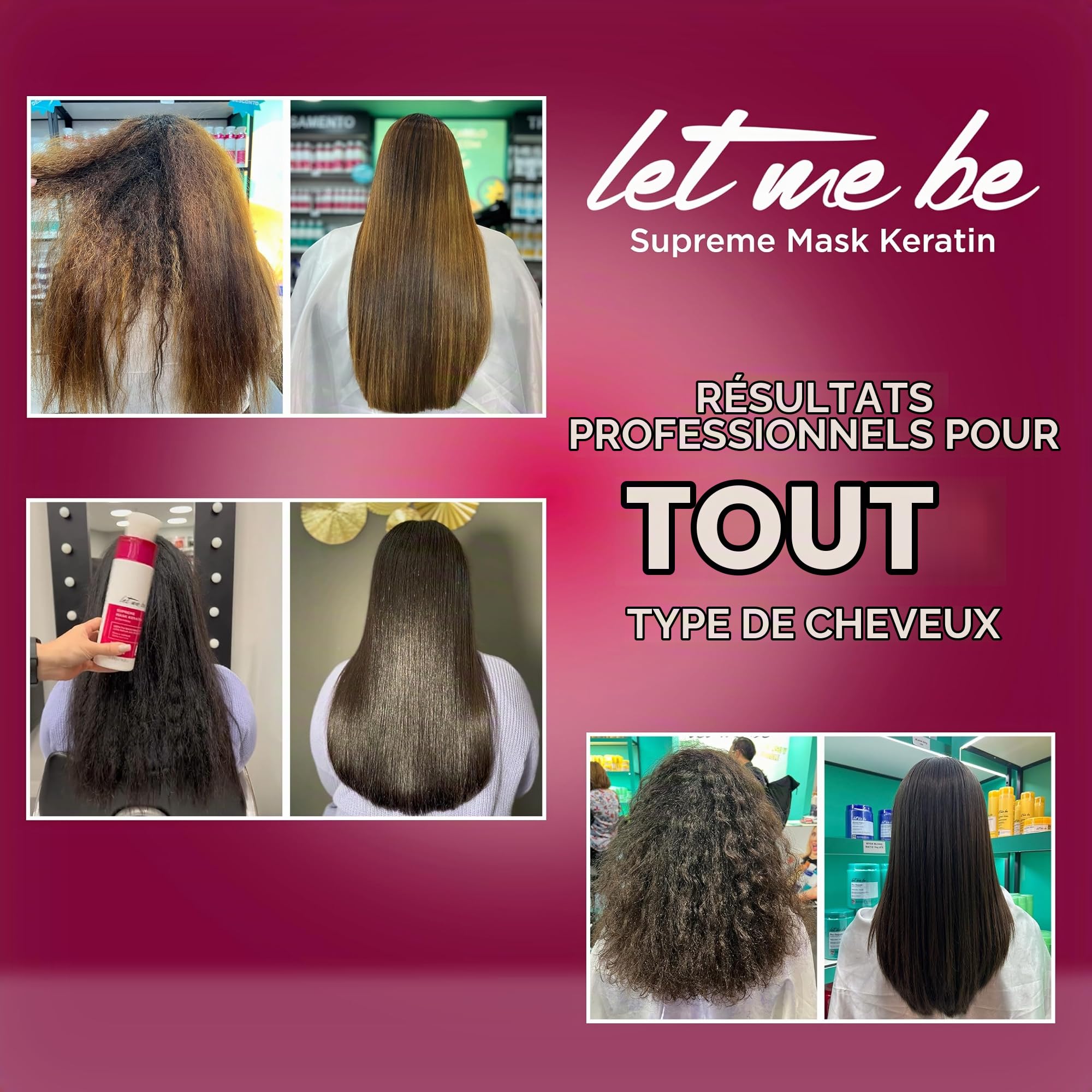 Let Me Be - Kit de Lissage à la Kératine Supremeliss Mask, 2 en 1, Shampooing et Masque Anti-résidus, Nettoyage Profond et Lissage Brésilien 100%, Longue Durée (2x500ml)
