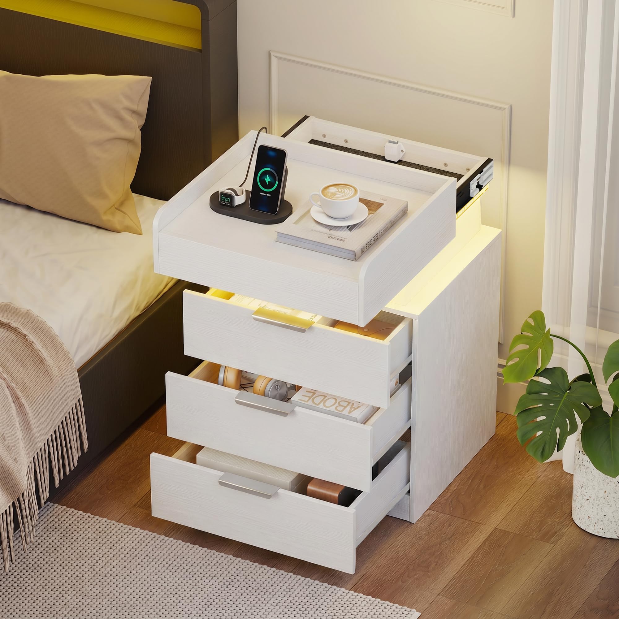 Quikraen Update Bedside table with Charging Station and Lockable Drawer