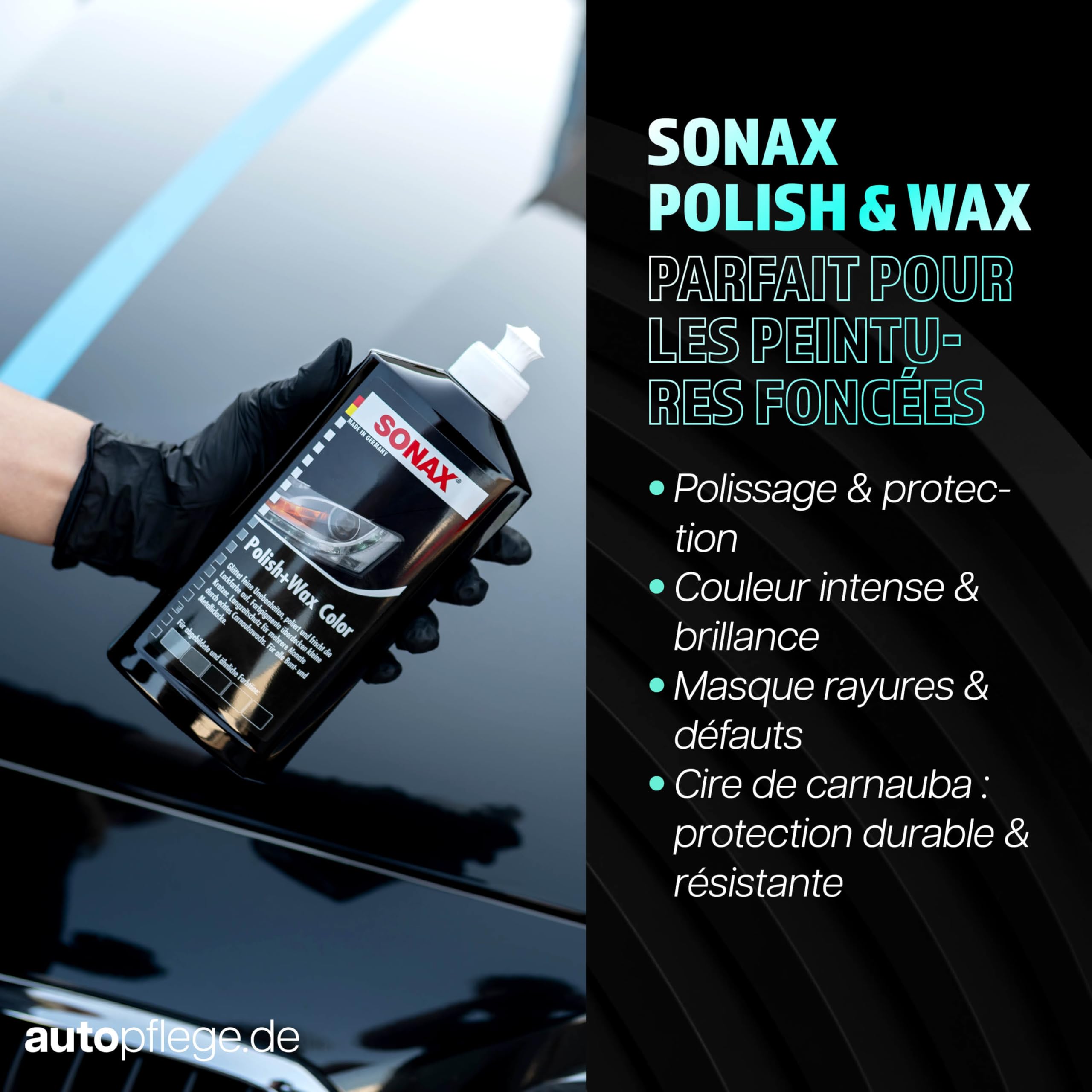 Sonax Polish & Wax Color Kit de polissage pour voiture Noir 250 ml + éponge de polissage + chiffon de polissage | Pâte de polissage pour peintures métalliques foncées pour enlever les petites rayures