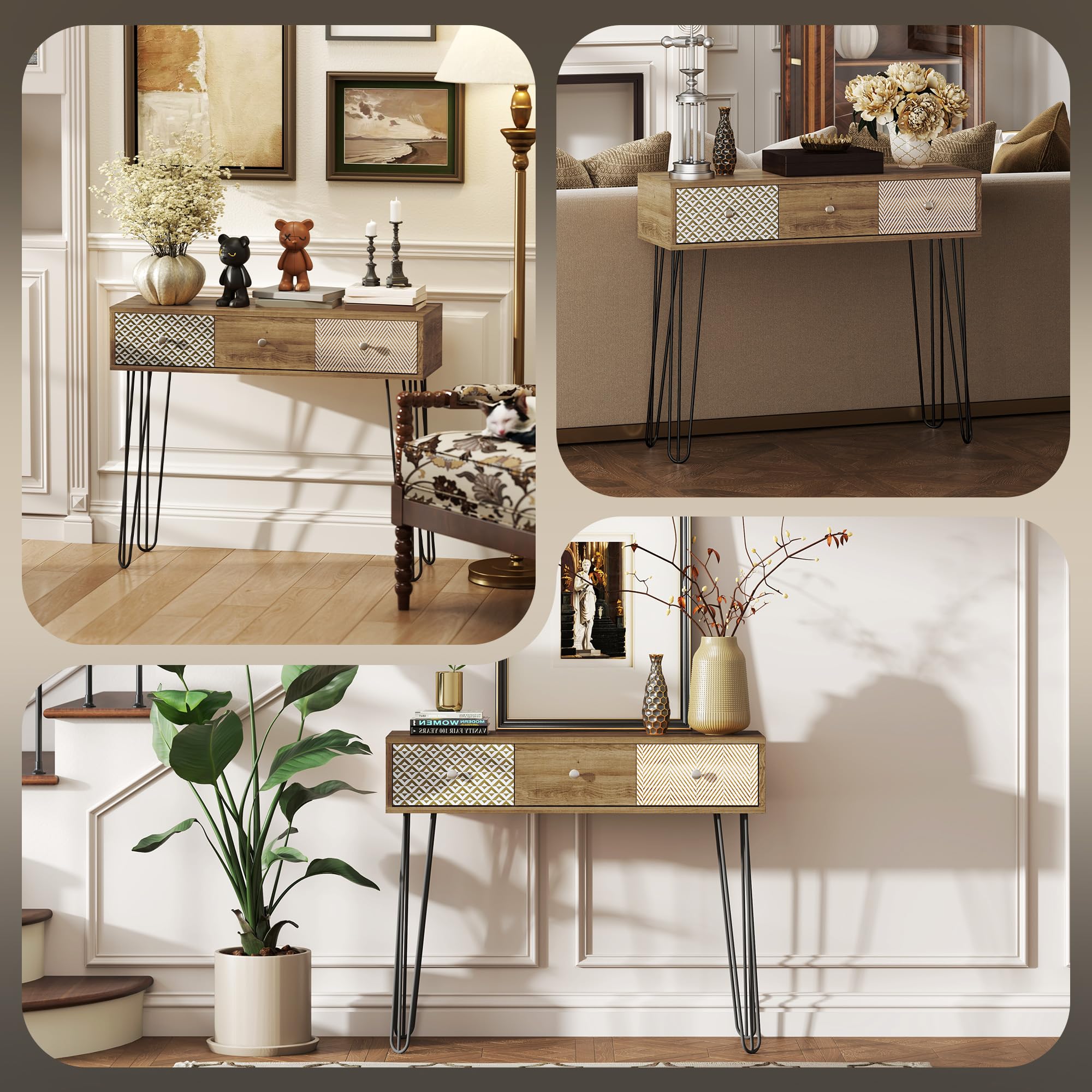 HOMCOM Console Meuble Entrée Style Nordique 3 Tiroirs Pieds Acier Marron