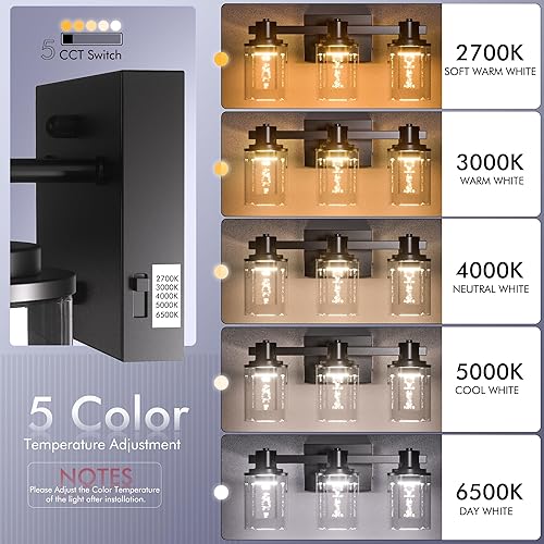 Miniatura 3 de Quntis Lámpara de baño de 3 luces, color negro, de 17.5 pulgadas, con pantalla de cristal de burbujas, 2700-6500 K, moderna lámpara LED de baño