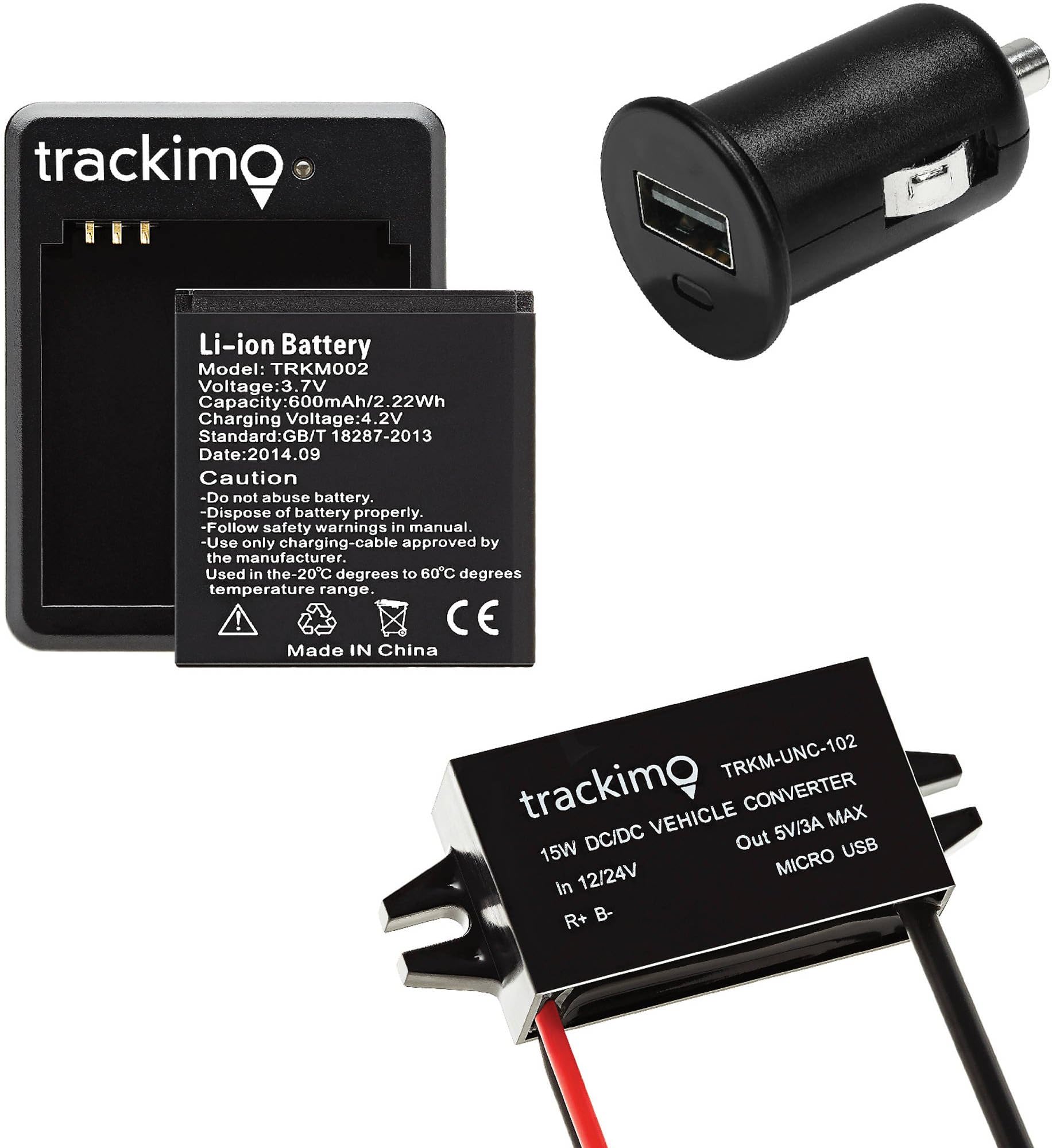 Trackimo TRK730 Charging Kit includes: Vehicle Kit, 600mAh Battery, Car Lighter Charger Adapter