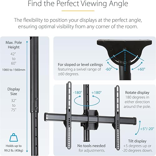 Miniatura 4 de StarTech.com Soporte de techo para TV doble, montaje en poste VESA de 2 pantallas para pantallas de 32 a 75 pulgadas, poste telescópico ajustable en