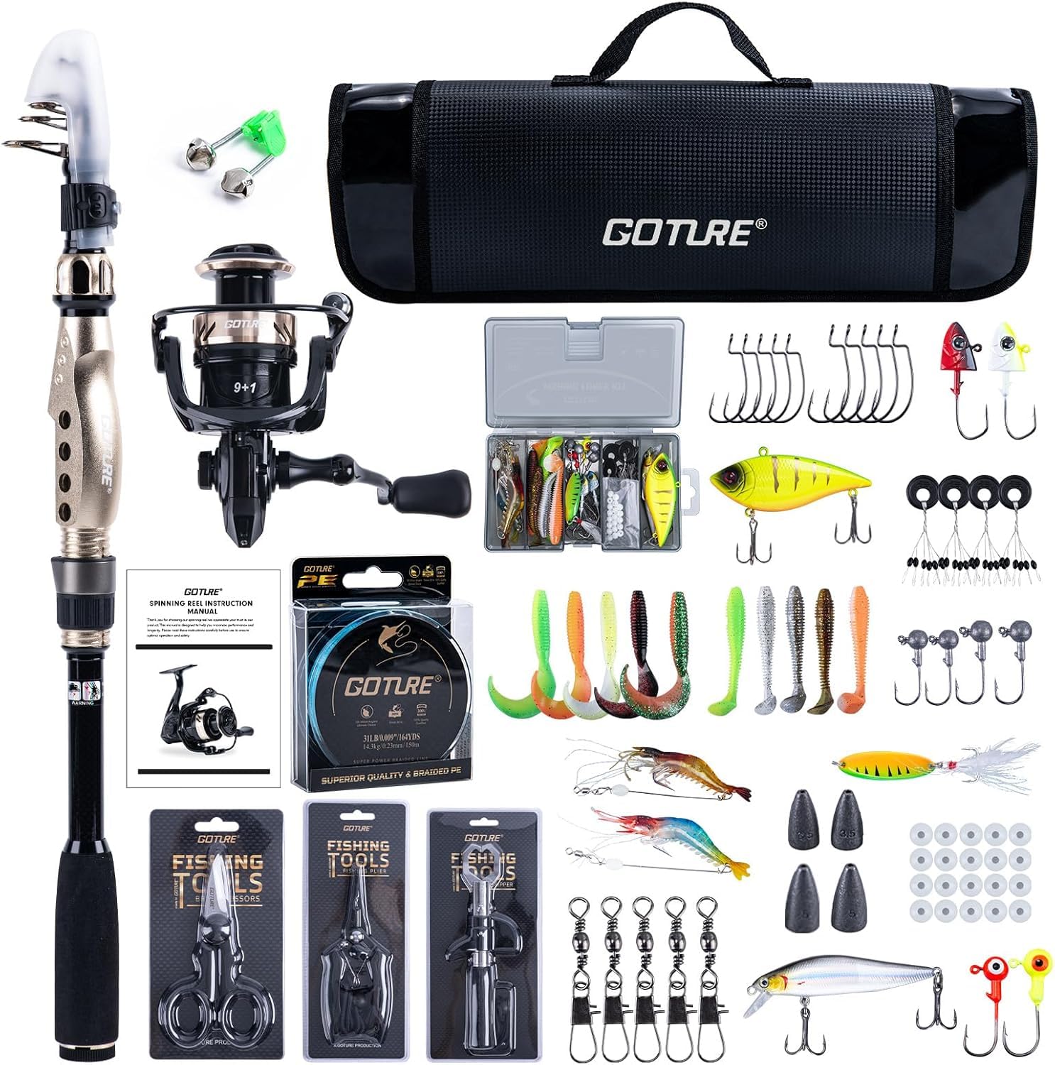Goture - Juego de pesca con caña de pescar telescópica (carbono 24T), 1,8 m/2,1 m/2,4 m/2,7 m | Juego completo de herramientas de pesca y cebo con carrete de pesca 5,2:1, línea 150 m/14 kg