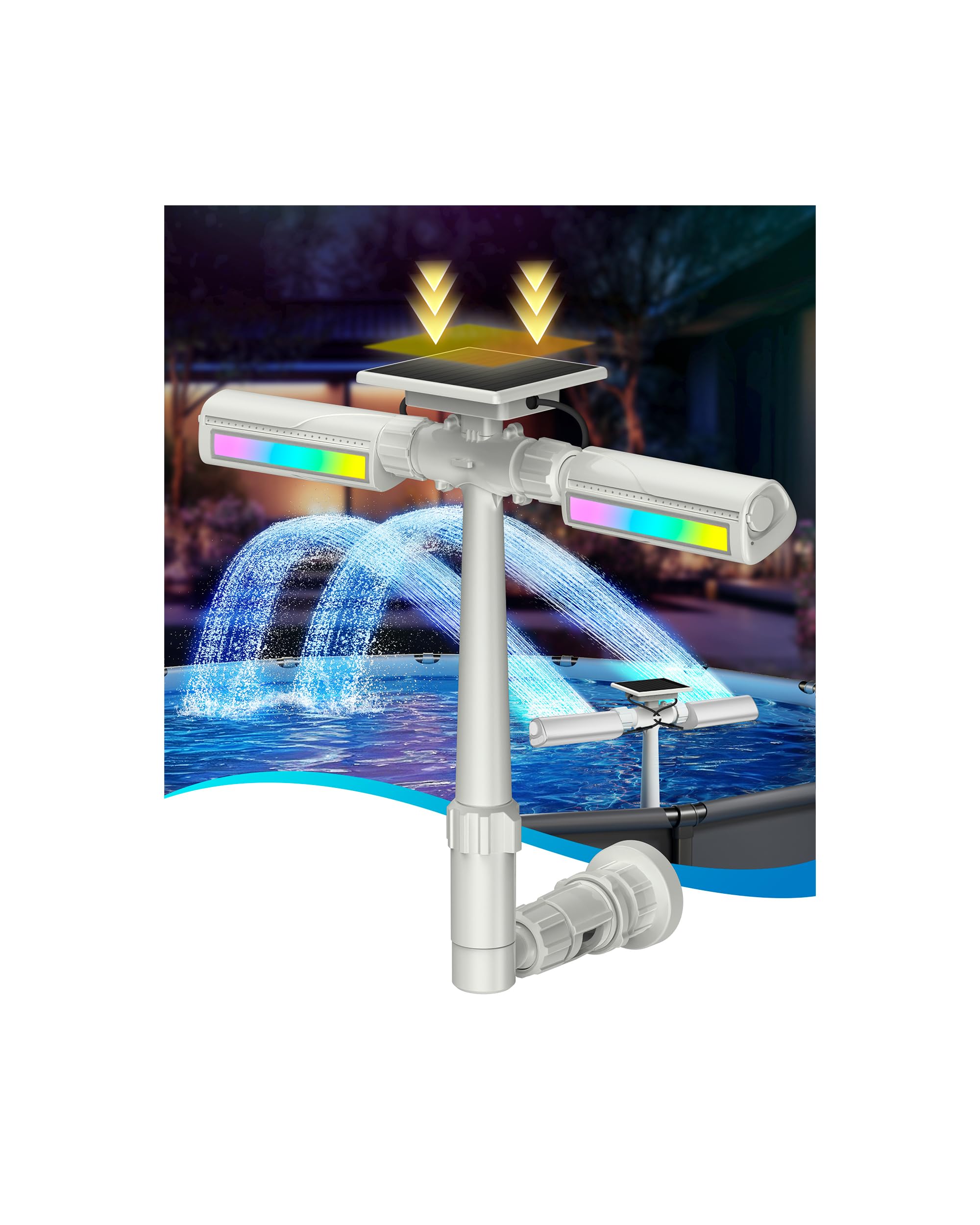 Photo 1 of [DAMAGED] [MISSING PARTS] POOLJOYO Solar Pool Fountain with 10-Color 4-Mode RGB LED Lights, Above/Inground Solar Lights with Remote, 360°Adjustable Dual Spray Waterfall Sprinkler Fountain for Relaxation & Cooling 10-20°F