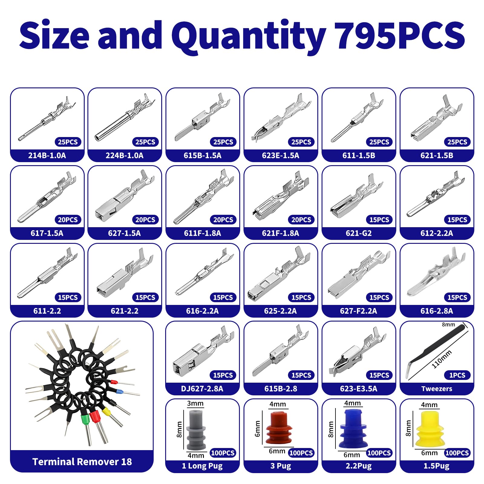 LPZMPZ 814 Stück Kfz Stecker Pin Steckverbinder Pins kit 1/1,5/1,8/2,2/2,8/3,5mm Männlich und Weiblich Kabelverbinder Drahtdichtungen Entfernen Werkzeugsatz für Motorräder, Autos