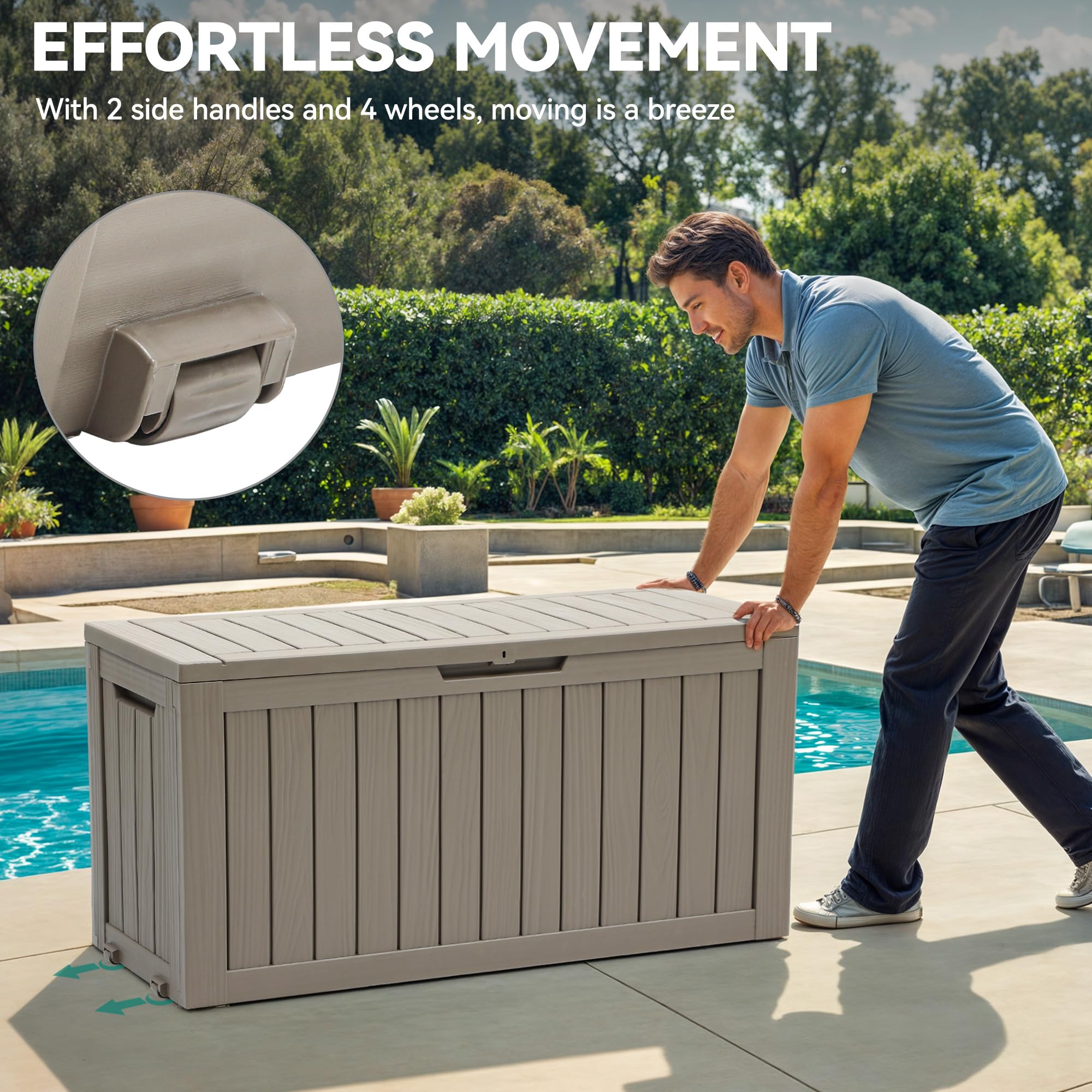 Man pushing the YITAHOME 72 Gallon Outdoor Storage Box, demonstrating its easy mobility with wheels.