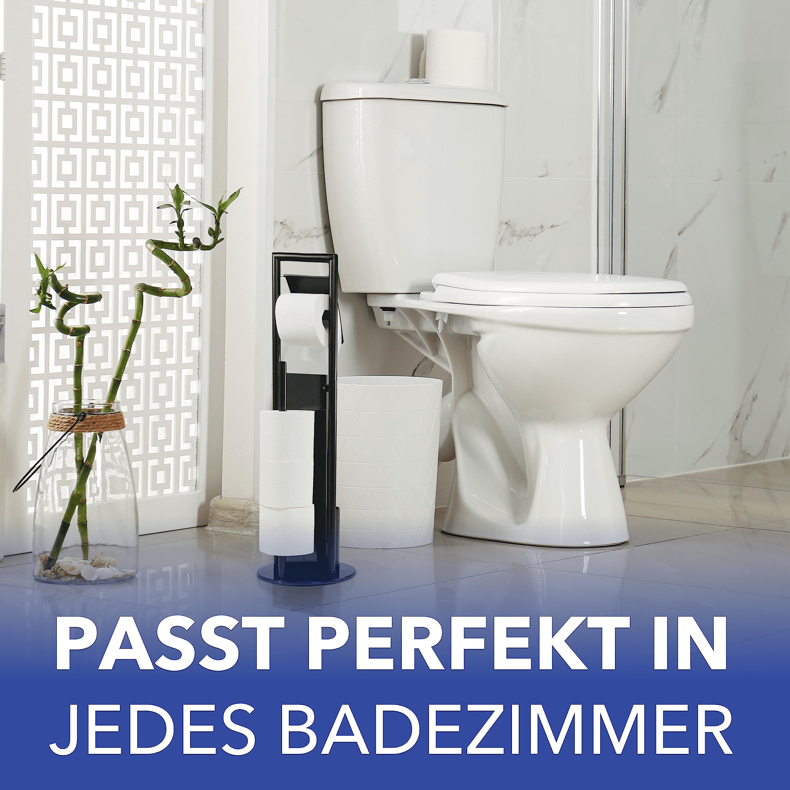 WENKO Stand WC-Garnitur Mod. Ravina 3-in-1 mit Toilettenpapierhalter und Bürstenhalter aus rostfreiem Edelstahl mit schwarzem Design Ø 20 x 70 cm schwarz