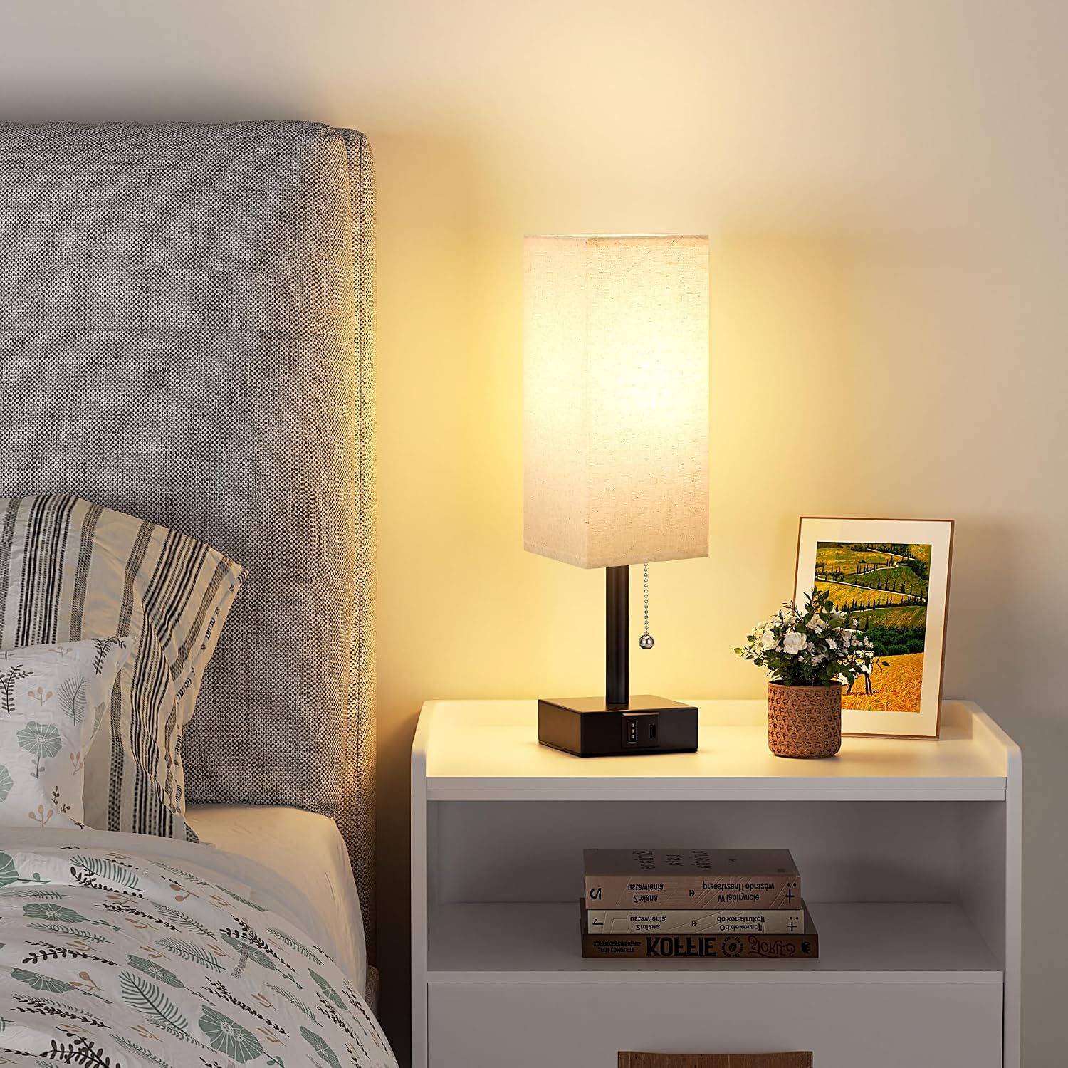 aooshine Small Linen Bedroom Lamp - 3 Color Temperature 3000K 5000K 4000K Bedside Lamp, Pull Chain Control, USB A and C Charging Ports, Black Base, for Kids Office Dorm, Bulb Included