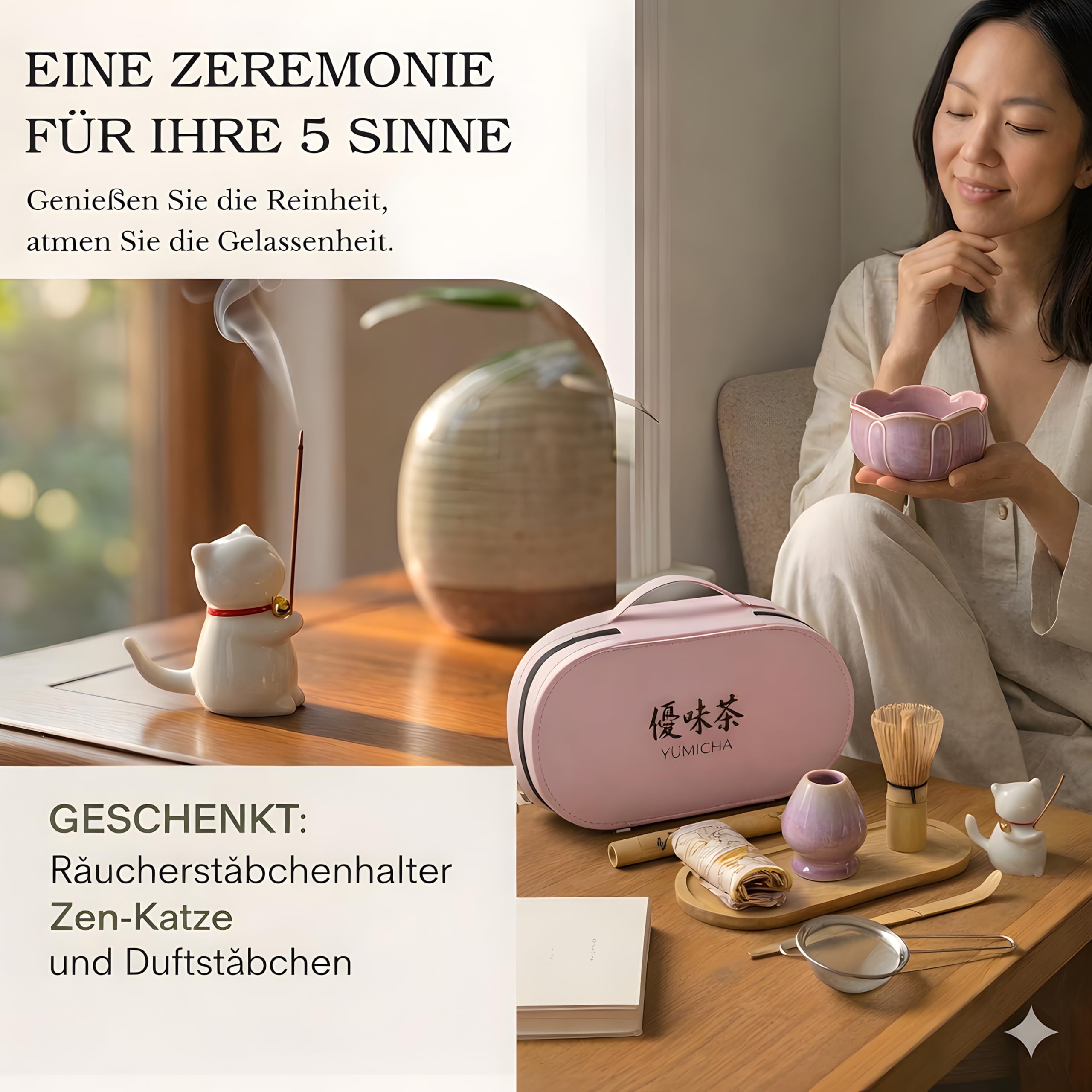 Set Matcha mit Bambusbesen, Keramikschale & Sieb – Matcha Tee Starter Set inkl. Löffel, ideal als Geschenk – Premium Matcha Kit