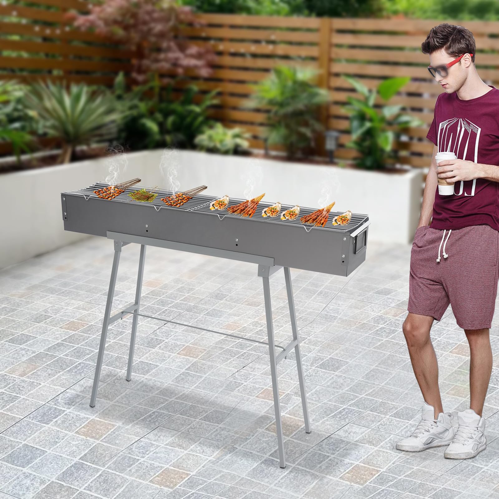 Barbecue a carbonella portatile in metallo con griglia pieghevole | portata 40 kg e sportello d'aria regolabile per campeggio, picnic, giardino | Include maniglia per il trasporto e griglia rimovibile