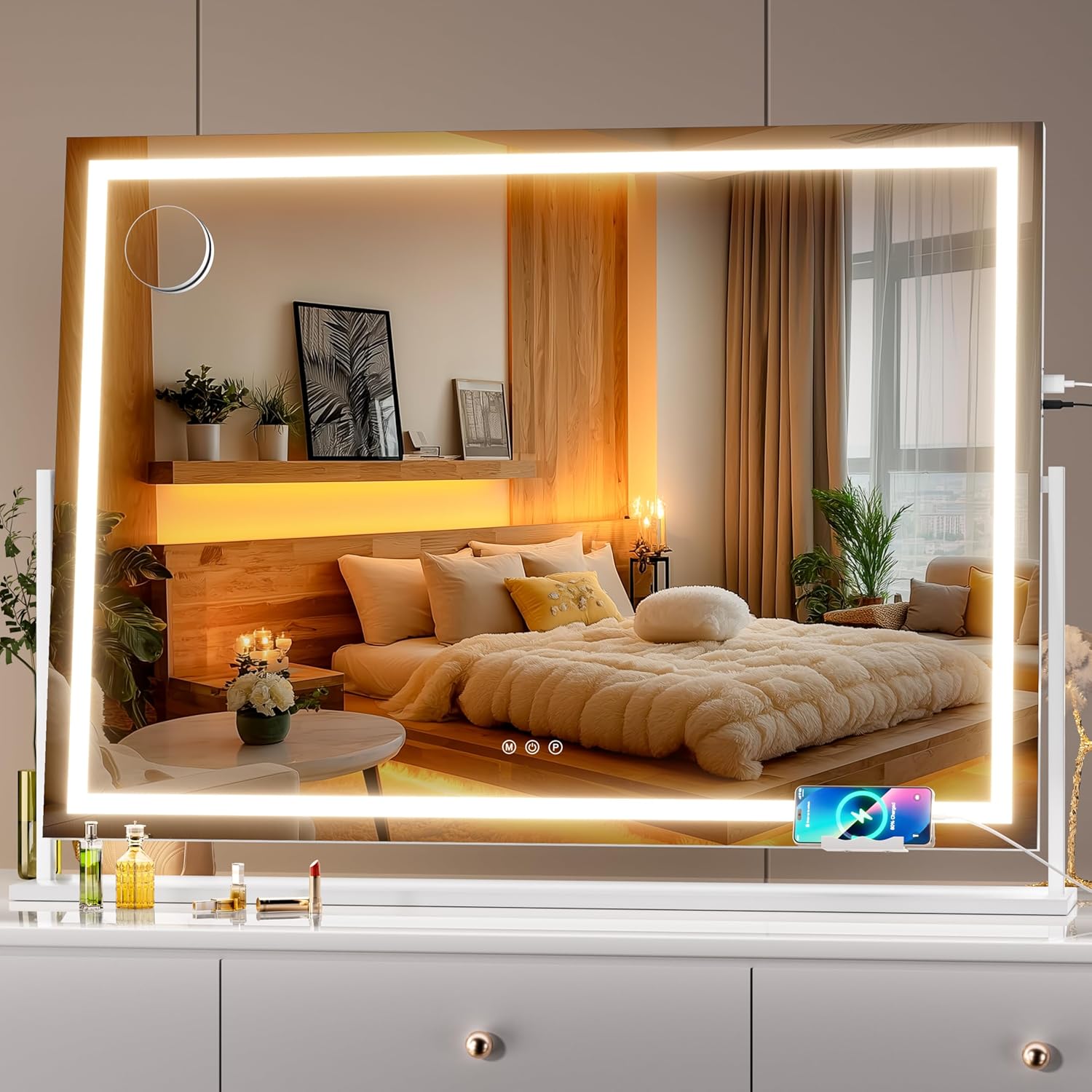 Hasipu Vanity Mirror with Lights, 39.4" x 28.3" LED Makeup Mirror, Light up Mirror with 10X Magnification and Phone Holder, USB Charging Port, Smart Touch 3 Colors Dimmable (White) White 39.4"L x 28.3"W