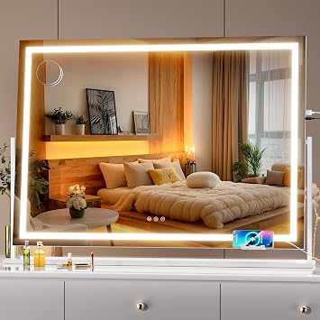 Hasipu Vanity Mirror with Lights, 39.4" x 28.3" LED Makeup Mirror, Light up Mirror with 10X Magnification and Phone Holder, USB Charging Port, Smart Touch 3 Colors Dimmable White