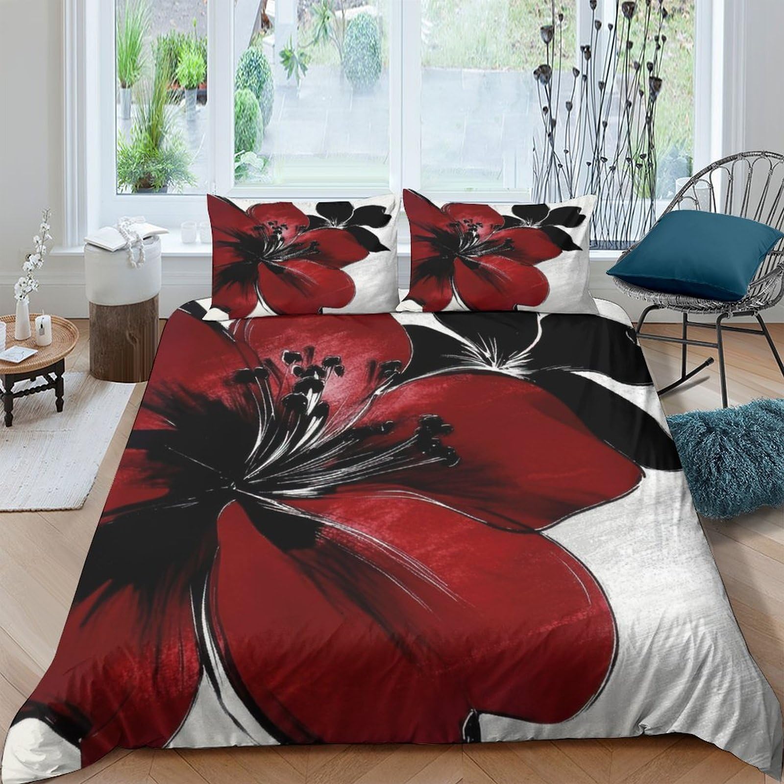 Ctjqhvkz Style-2 3D Printed Red Floral Fitted Sheet Microfiber Black Petal Bed Sheet Non Slip Easy Care For Bedroom Guest Room Decor Single（135X200cm）