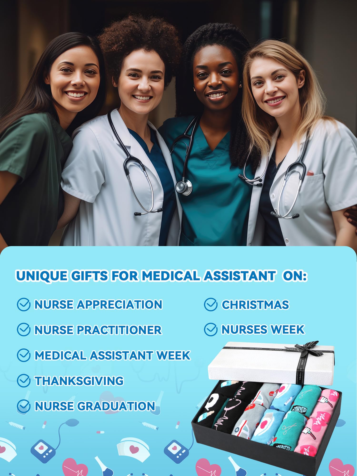 6 Pairs Medical Assistant Socks for Women Men Novelty MA Crew Socks Nurse Week MA Appreciation Gifts for Medical Assistant Healthcare Workers