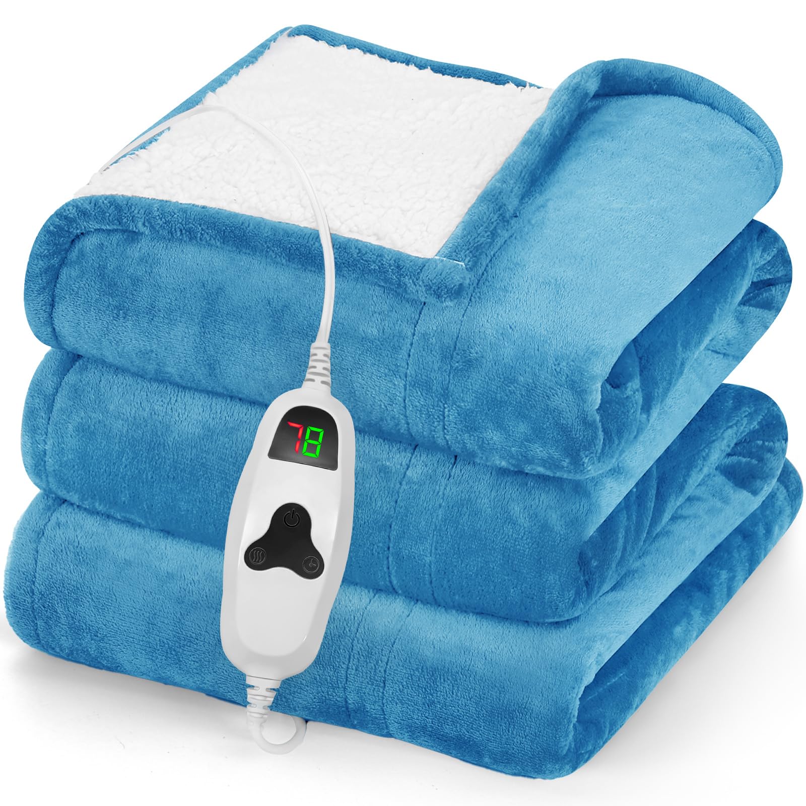 greenoak Heated Blanket Electric Throw 50"X60", Heating Blankets with 10 Heat Levels 8 Hours Auto-Off Overheat Protection, Soft Flannel Sherpa Fluffy House Warming Gift, ETL Certified Pale Blue