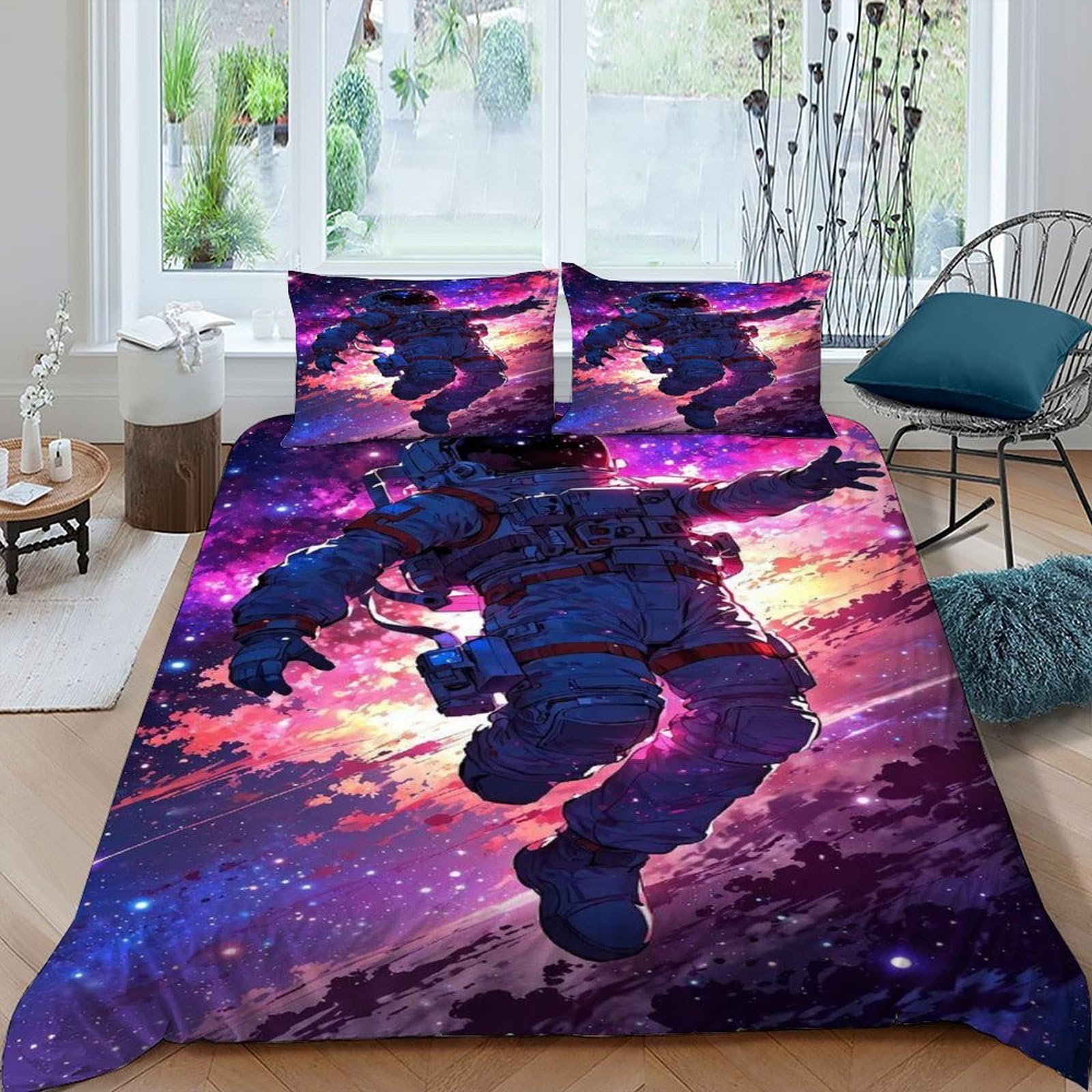 Housse de couette astronaute 220x240 cm parure lit galaxie