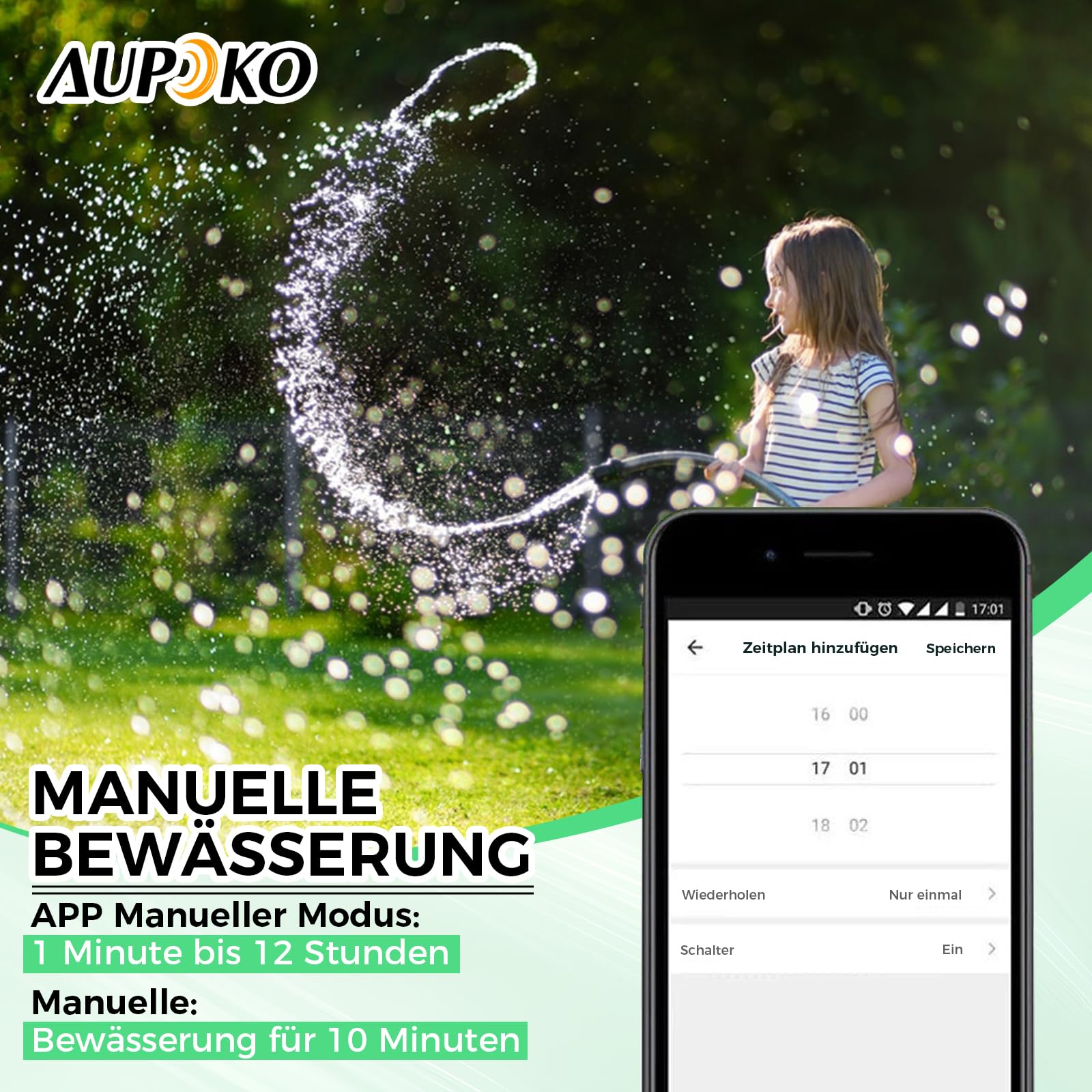Aupoko Bewässerungscomputer mit 2 Ausgängen, Smart Bewässerungsuhr mit Bluetooth & App Steuerung, Wasserzeitschaltuhr mit IP55 Schutz, 2-Zonen-Bewässerungstimer für Garten, Landwirtschaft