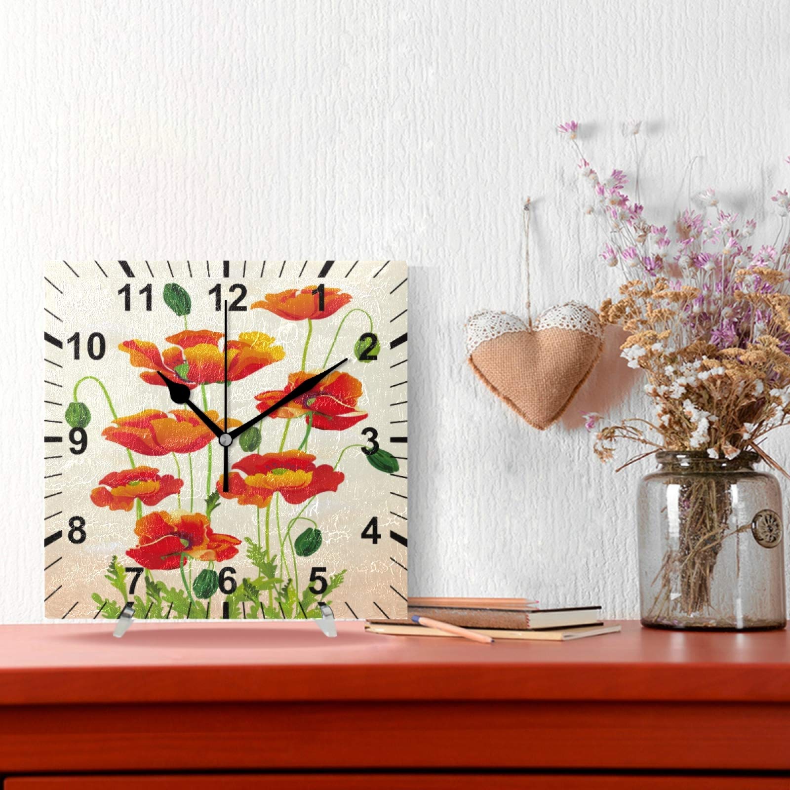 susiyo Poppy Floral Printed Square Wall Clock Silent Non Ticking Quartz Battery Operated Analog Modern Decor Clock for Bedroom Living Room Kitchen Desk Farmhouse-7.7inch