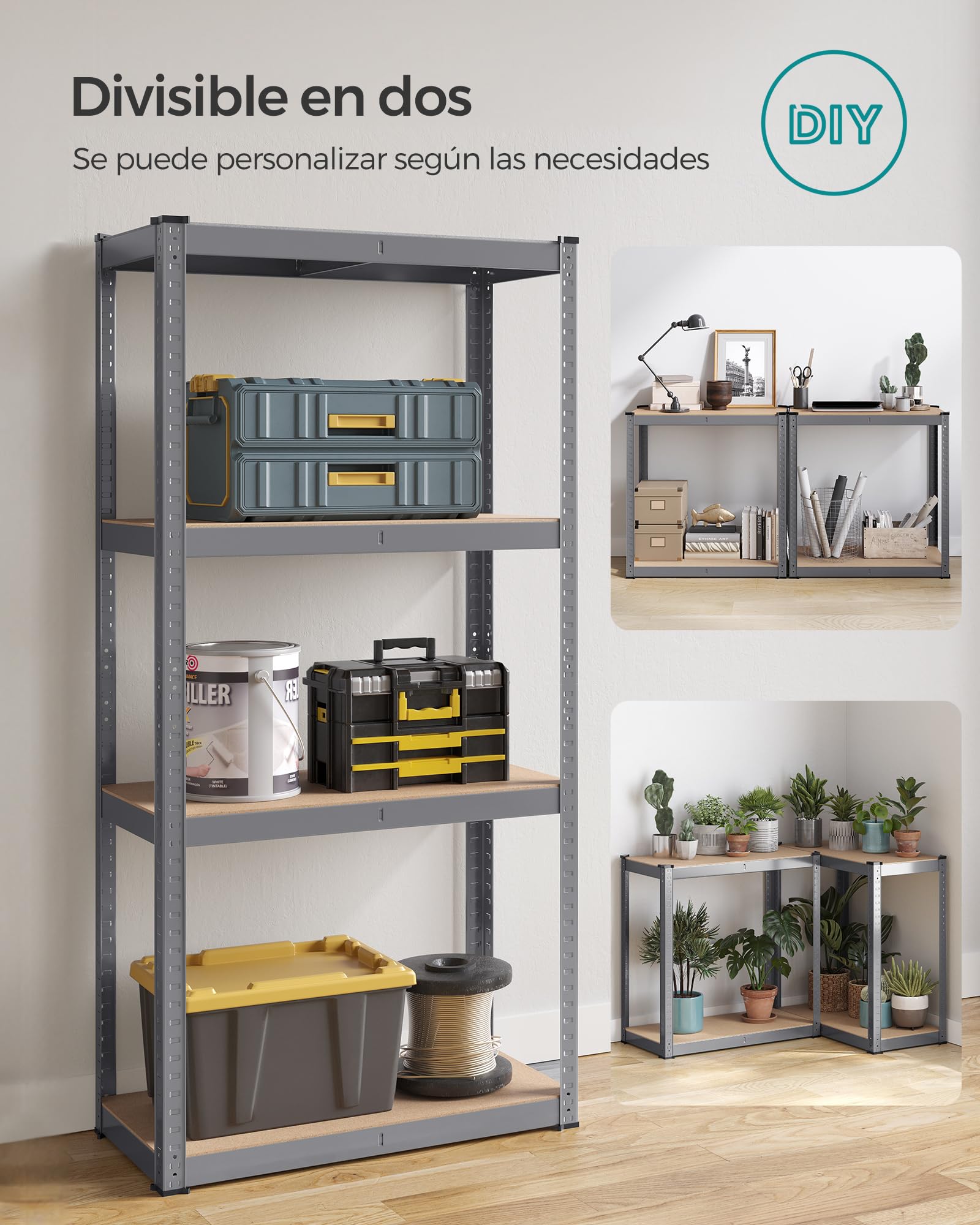 SONGMICS Juego de 2, Estantería Pesada de 4 Niveles, Estantería de Acero, Montaje Rápido, Garaje, Almacén, Trastero, Carga de 520 kg, 40 x 80 x 160 cm, Gris y Natural GLR044G02