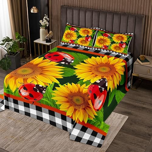 Miniatura 2 de Juego de colcha de girasoles amarillos, tamaño Queen para niños, niñas, juego de edredón de mariquita roja, colcha de cuadrícula geométrica, colcha