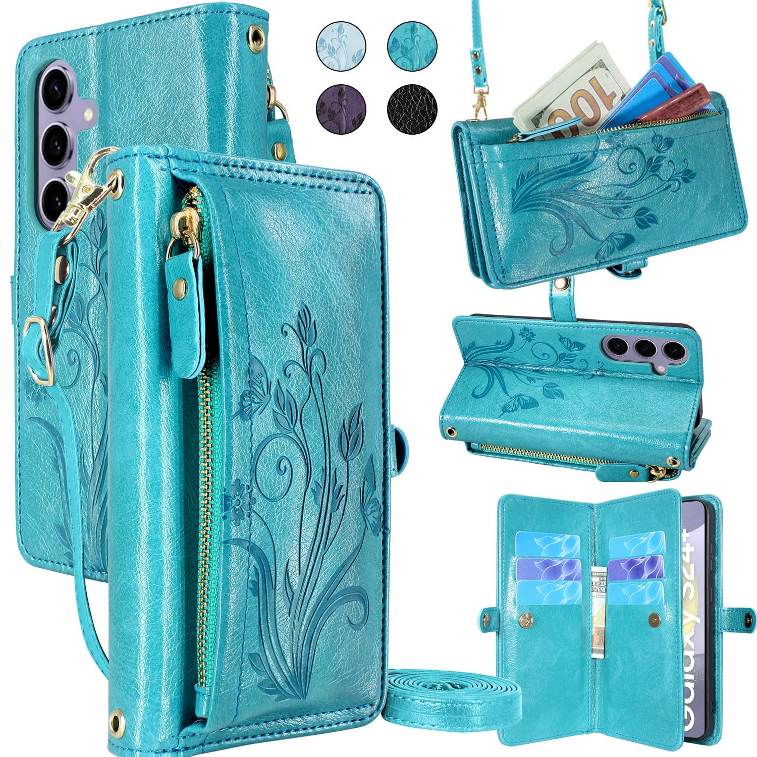Lacass Crossbody Wallet Case for Galaxy S24+ Plus,[Cards Theft Scan Protection] Card Holder Zipper Flip Leather Cover Wrist Strap Stand for Samsung Galaxy S24+ Plus(Floral Blue Green)