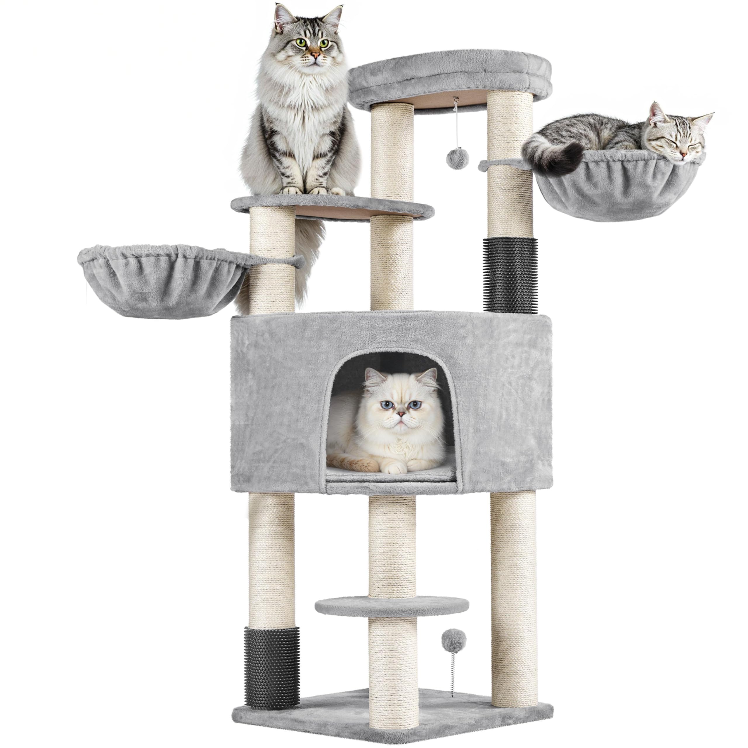 Yaheetech Cat Tree for Large Cats, 160cm Heavy-Duty Multilevel Cat Tower with Thick Scratching Posts, Spacious Top Perch, 2 Self-Groomers and Replaceable Dangling Ball,Light Gray/Beige