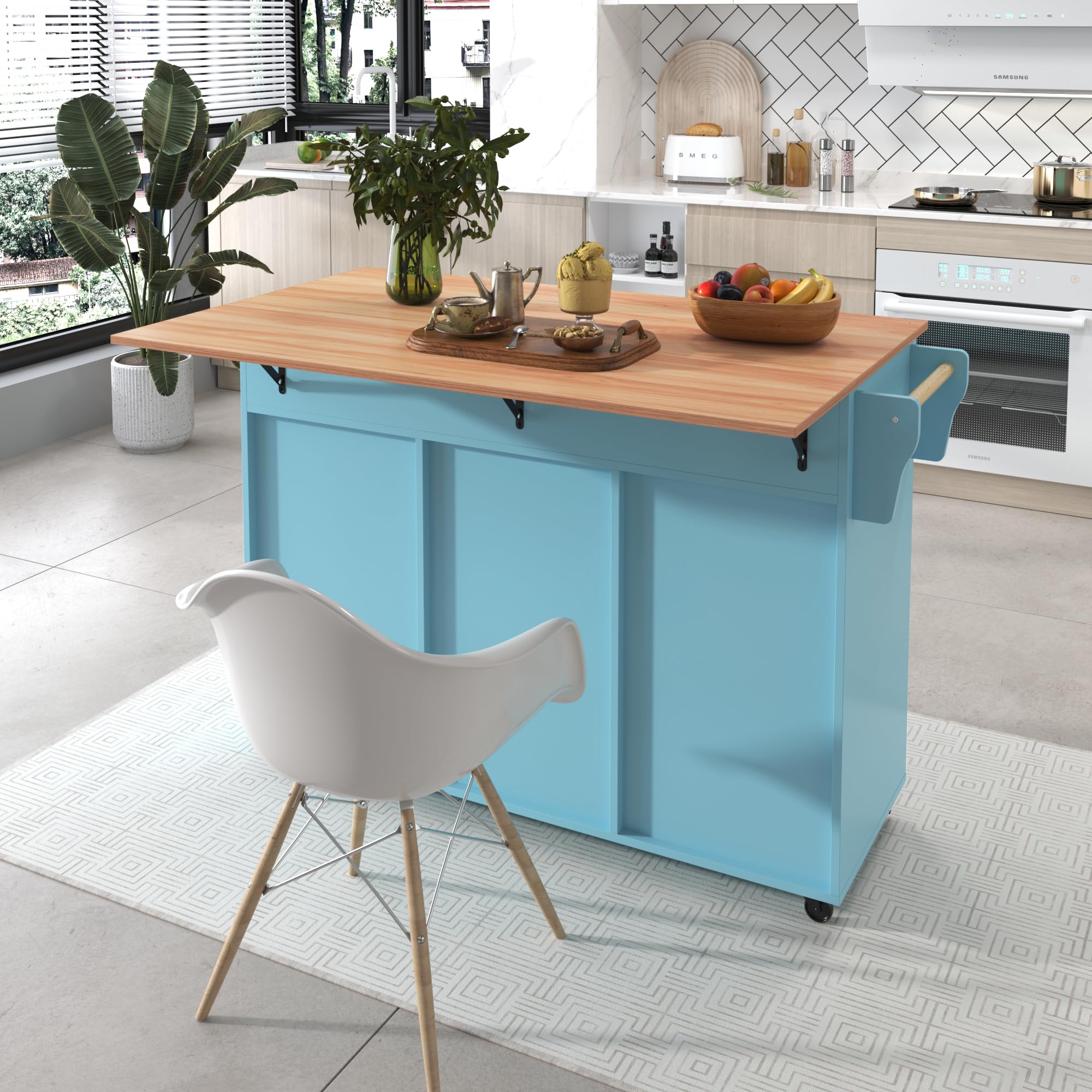 soges Carrello da cucina con ruote, multifunzione, blu, MDF, blu dipinto, 129cm x 76cm x 91,5cm