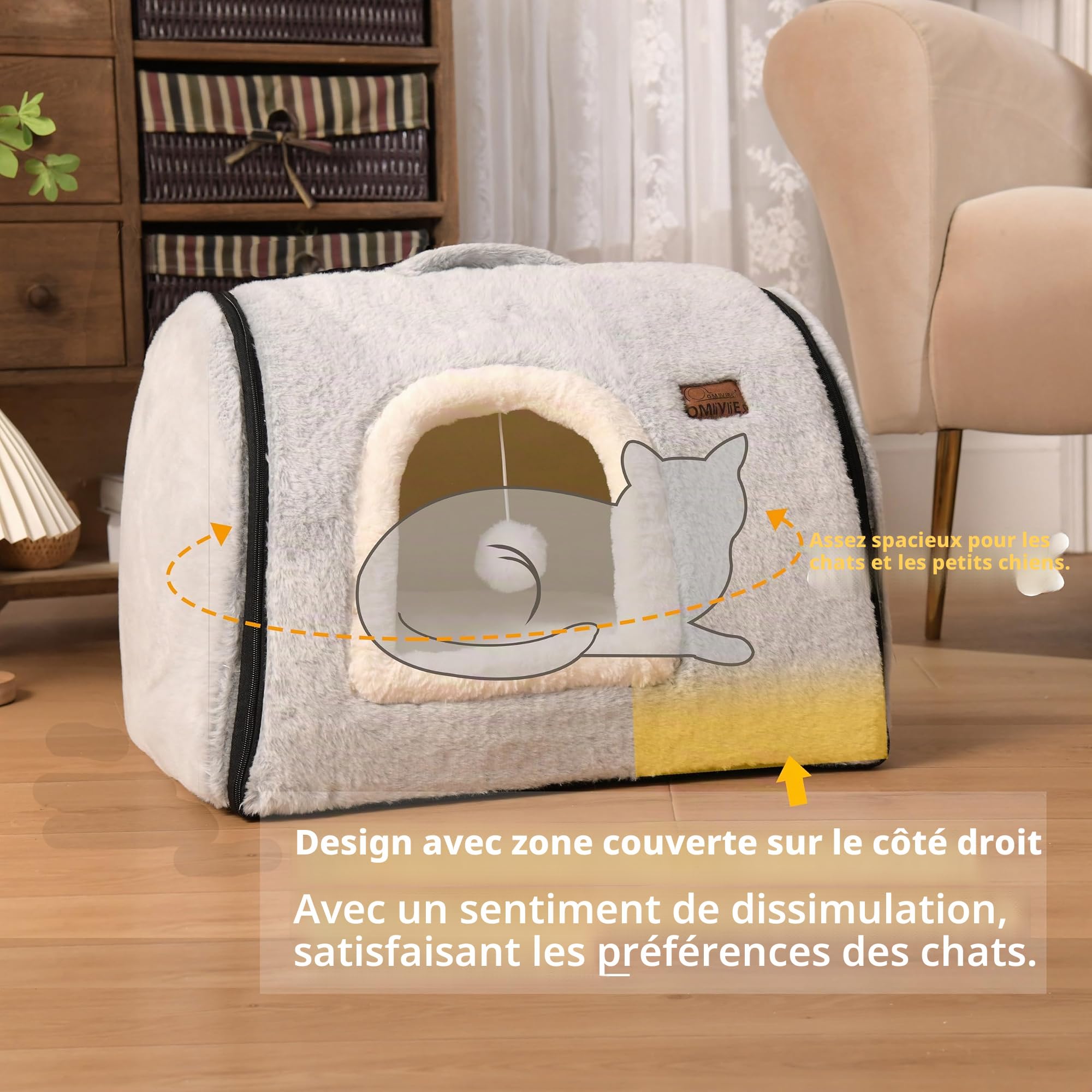 Lit pour Chat d'intérieur Doux et Confortable, avec Coussin rembourré Amovible et Lavable, lit fermé pour Chat, cachette, Tente pour Petit Chien (Gris)
