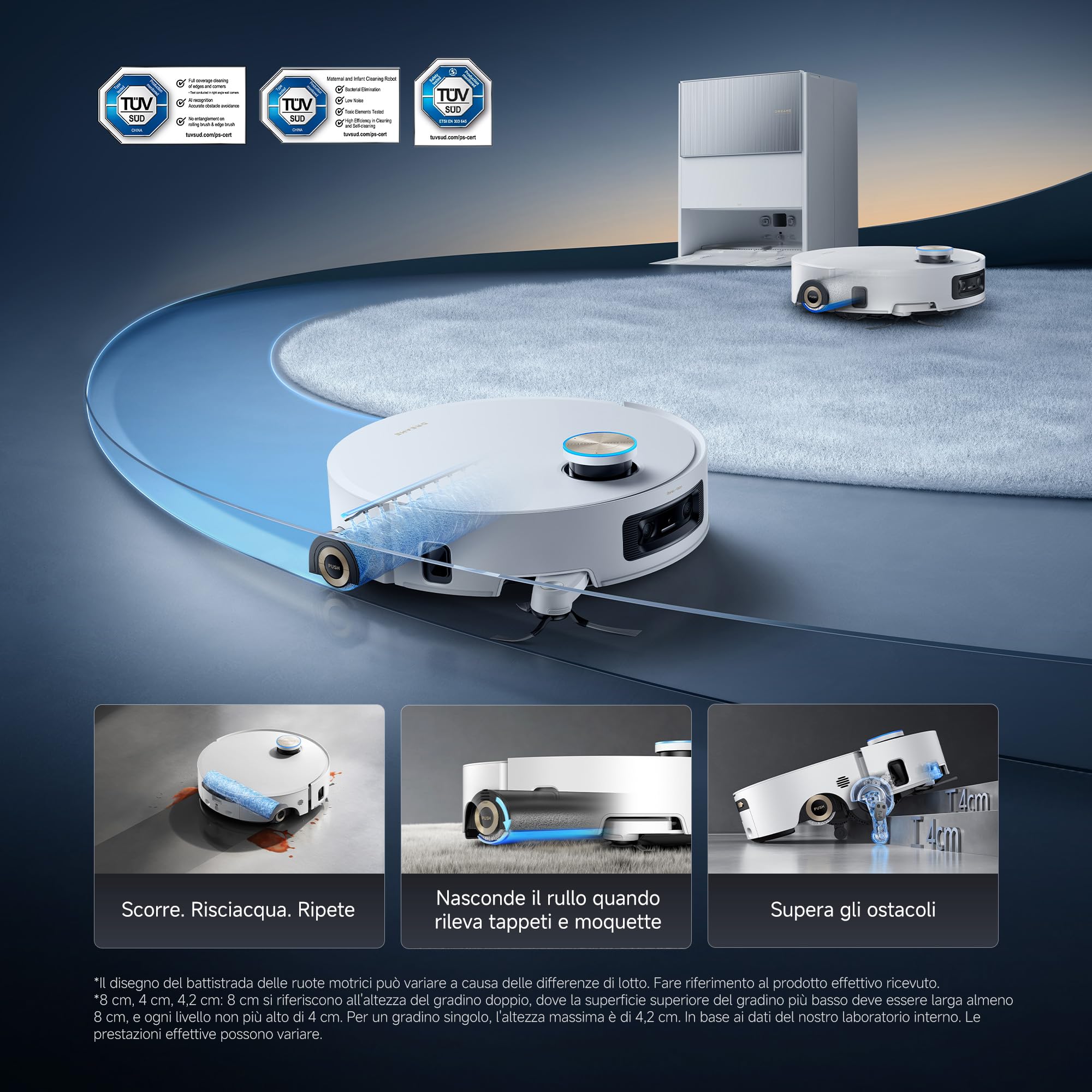 DREAME Aqua10 Ultra Roller Complete Robot Aspirapolvere, Autopulizia Rullo, Supera Ostacoli da 8cm, Auto-Svuotamento, Aspirazione 30.000 Pa, Evita Oltre 240 Oggetti, Controllo Vocale Intelligente