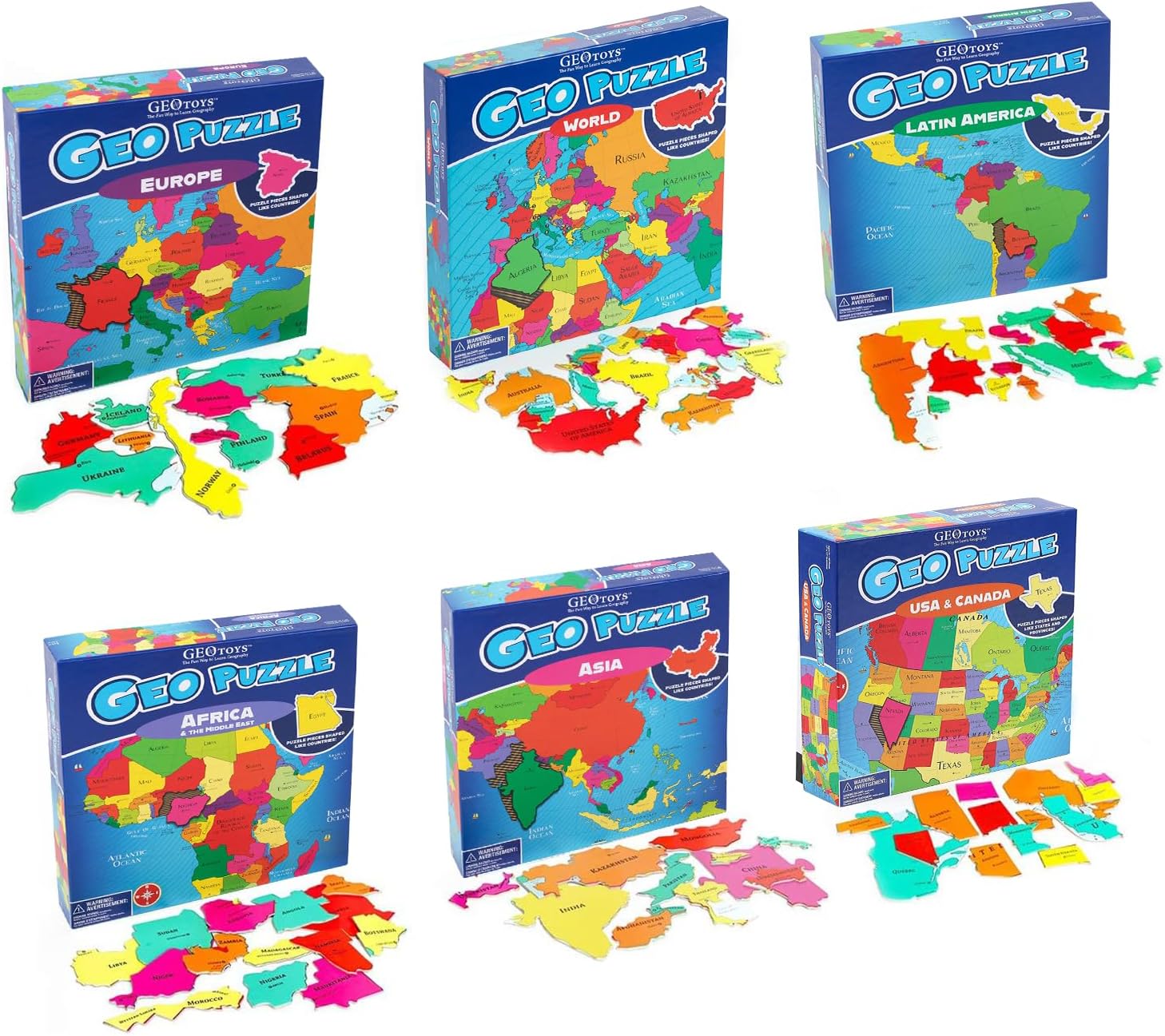 GeoToys GeoPuzzle, Country Jigsaw Puzzles Set of 6, Geography Puzzle, Geography Game & Map Puzzle - Jigsaw Puzzles for Kids Ages 6-9, Stocking Stuffers for Kids, Christmas Gifts for Grandkids