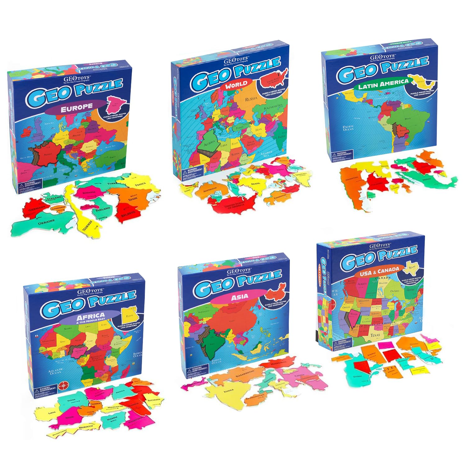 GeoToys GeoPuzzle, Country-Shaped Jigsaw Puzzles Set of 6, Geography Puzzle, Geography Game & Map Puzzle - Jigsaw Puzzles for Kids Ages 6-9 Years Old, Stocking Stuffers for Kids