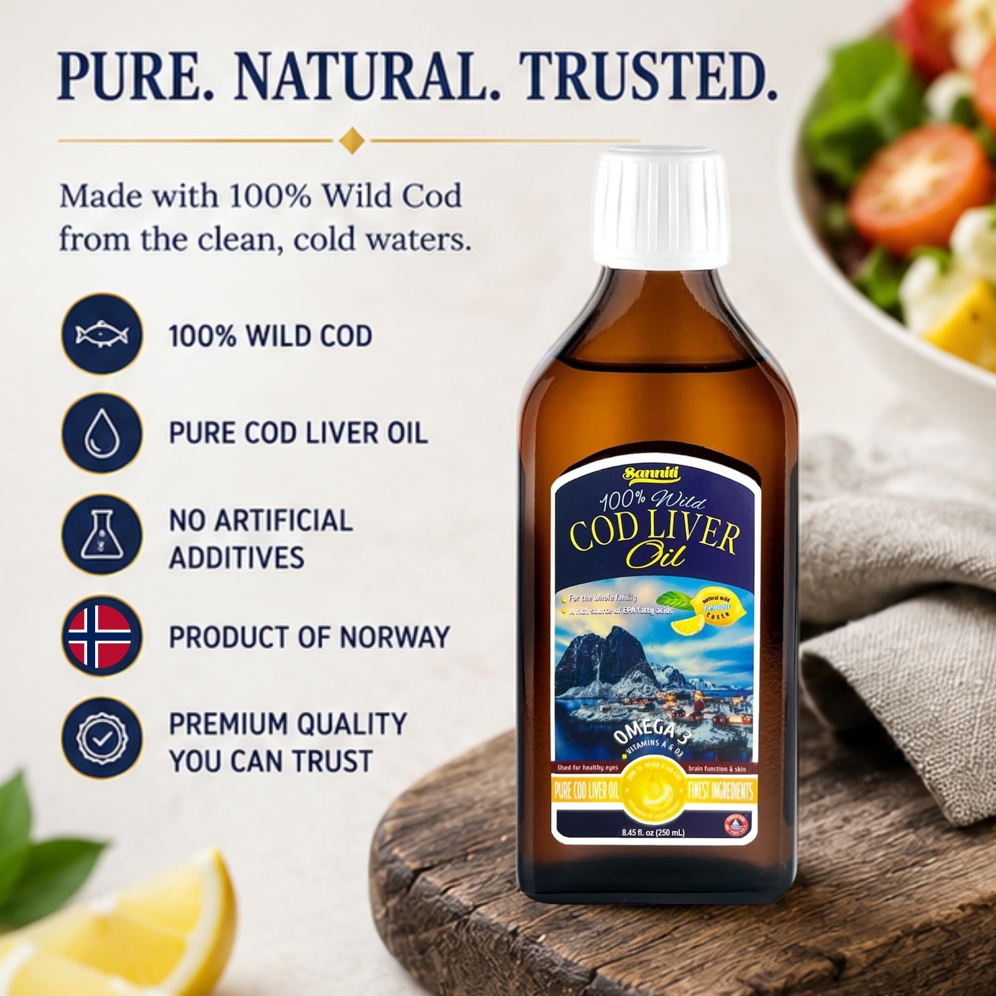 Sanniti 100% Wild Lemon Flavored Cod Liver Oil, 8.4 Fl Oz | Pure Norwegian Cod Liver Oil | Natural Lemon Flavor | Omega-3 Fatty Acids with Vitamins A, D & E | Finest Ingredients — Amazon image 6