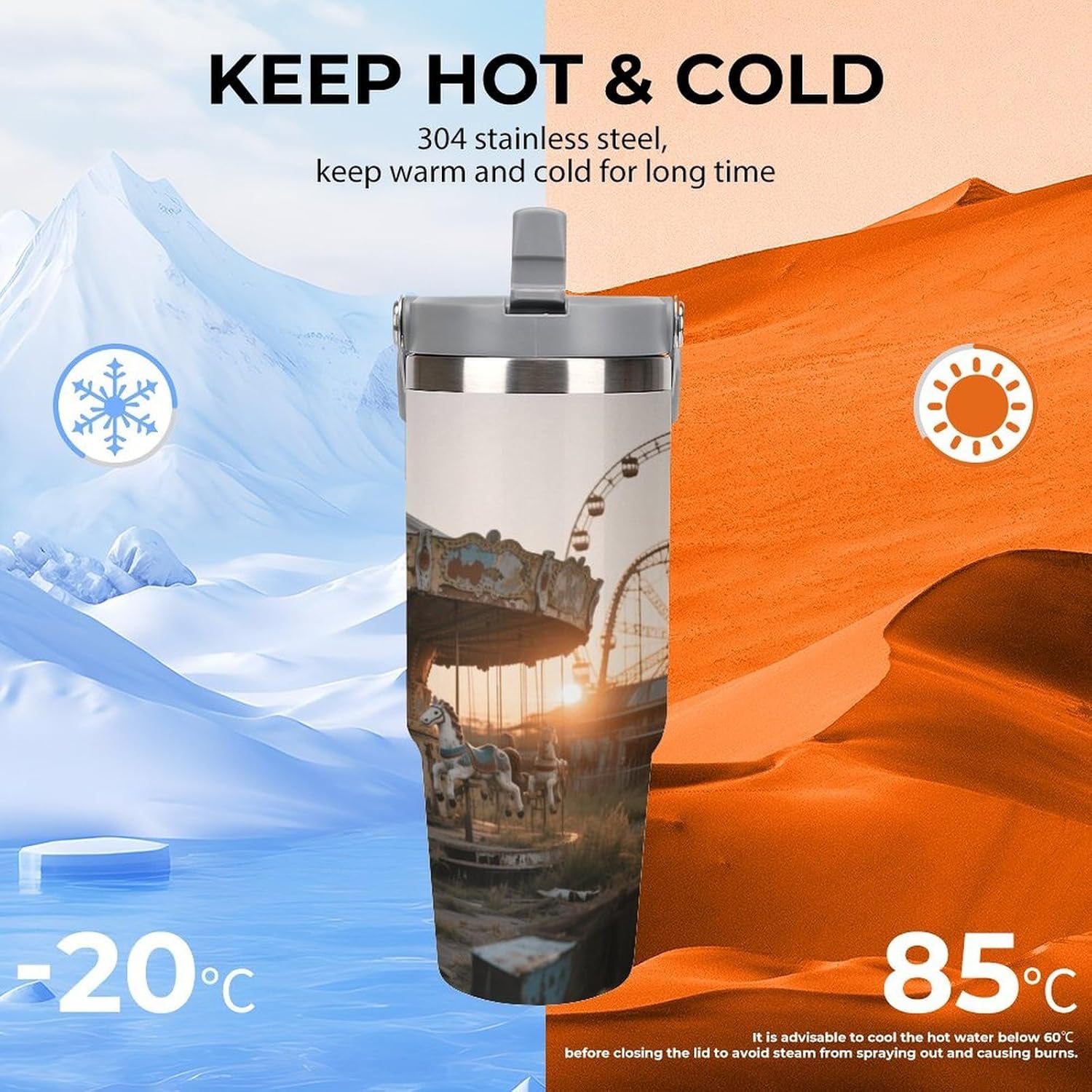 30 Oz Insulated Mug with Handle Lid And Straw Merry-go-round Pattern Large Metal Sports Bottle Great for Gifts Parties Office Coffee