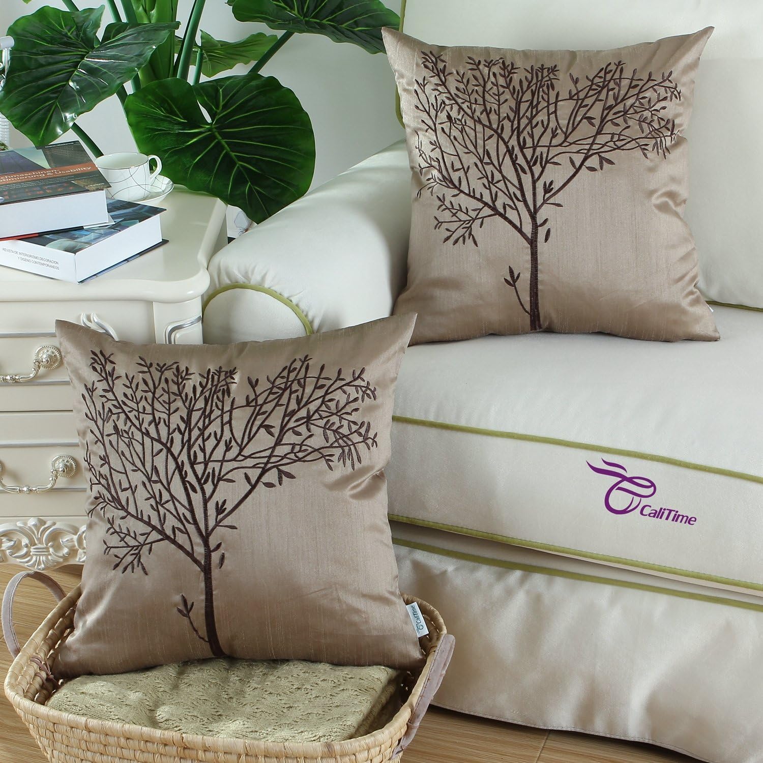 CaliTime Pack of 2 Cushion Covers Throw Pillow Cases Shells for Sofa Couch Home Decoration Natural Tree Embroidered 18 X 18 Inches Taupe