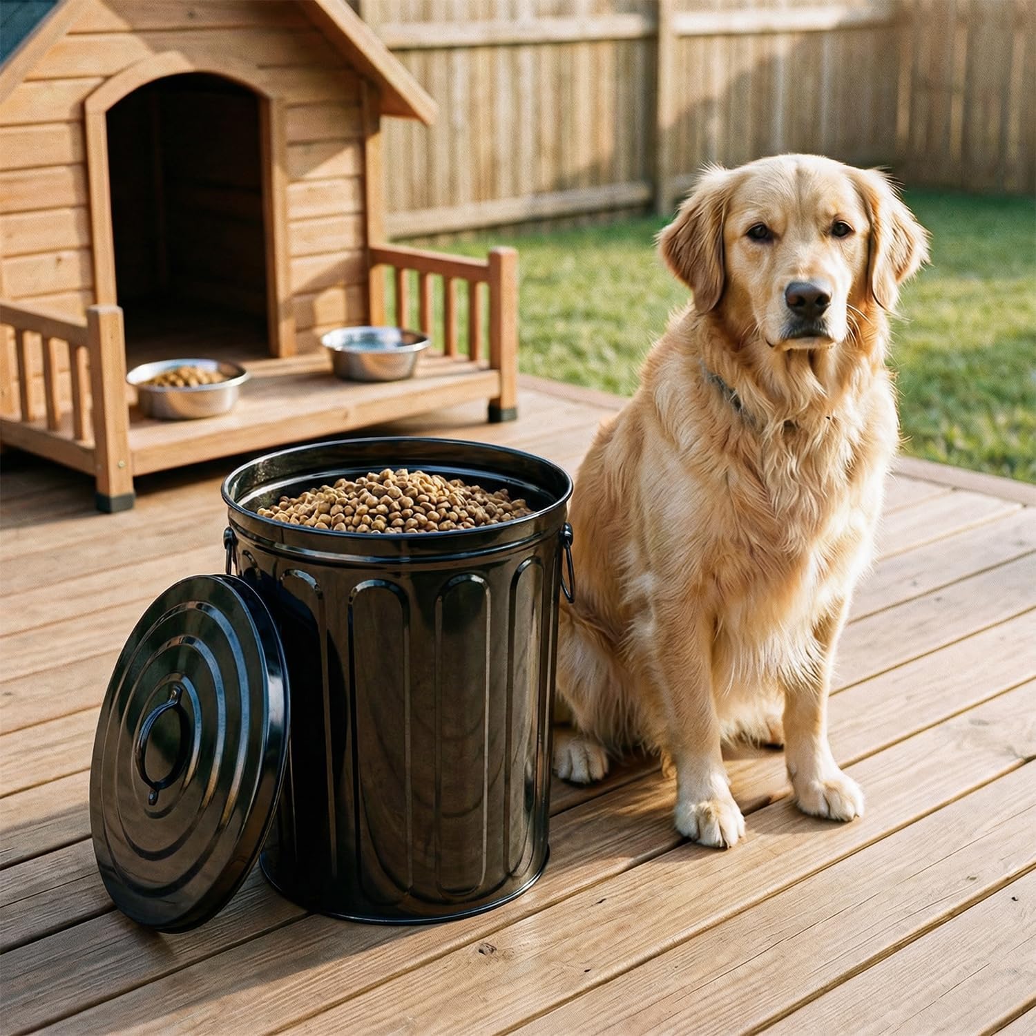 Plexon 5 Gallon Small Metal Trash Can with Lid Outdoor Galvanized Steel Bucket with Lid 5 Gal Storage Can for Dog Food Bird Seed Storage Container Rodent Pet Proof, Black