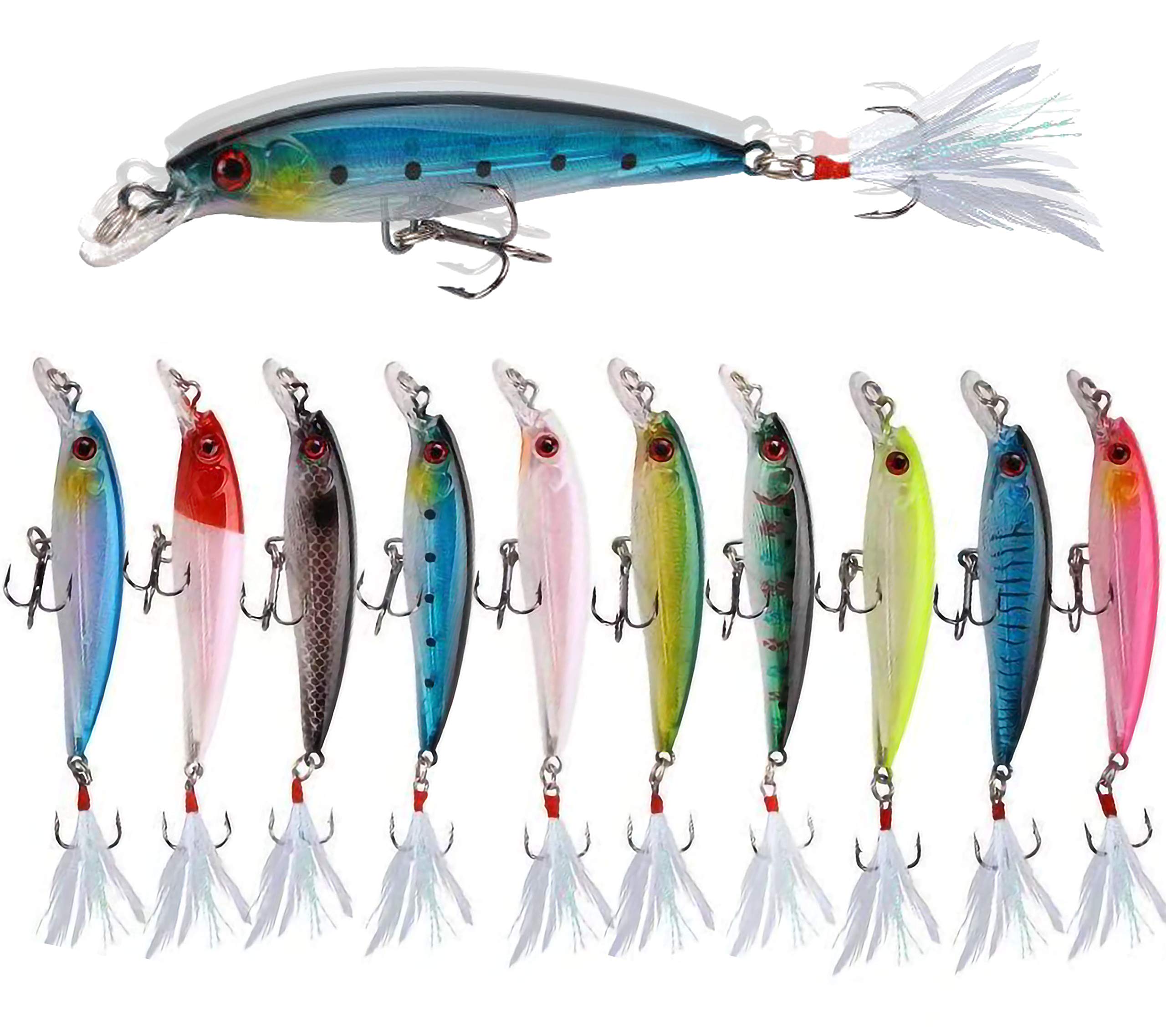 Minnow Fishing Lures Hard Bait Life-Like Swimbait Bass Crankbait 3D Fishing Eyes Treble Hooks Flasher Feathers for Bass Trout Walleye Redfish