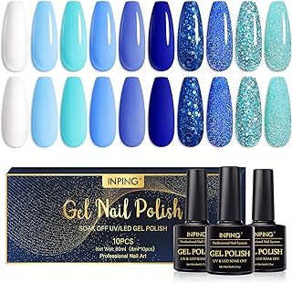 INPING Esmaltes Semipermanentes de Uñas en Gel, 10 Color Primavera Verano Azul Serie Pintauñas Gel, Azul Marino Tibetano Azul Verde Cielo Brillante UV Esmalte Semipermanente para Manicura Francesa