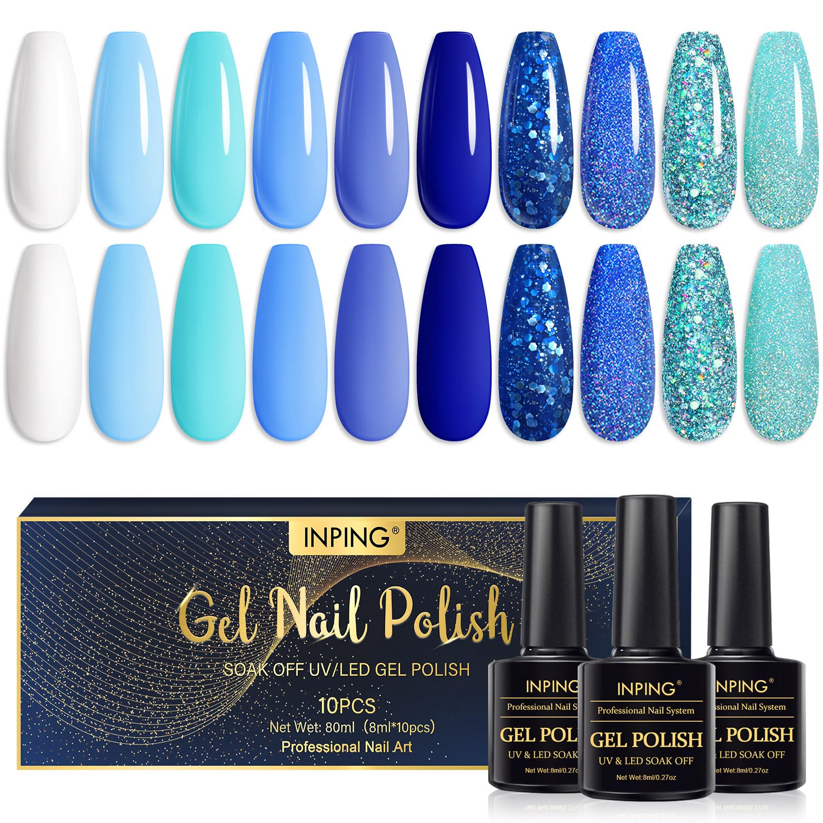 INPING Esmaltes Semipermanentes de Uñas en Gel, 10 Color Primavera Verano Azul Serie Pintauñas Gel, Azul Marino Tibetano Azul Verde Cielo Brillante UV Esmalte Semipermanente para Manicura Francesa