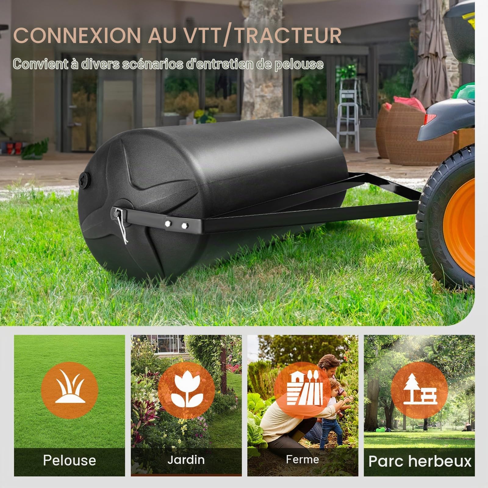 VEVOR Rouleau à Gazon 400 lb 181 L Rouleau de Jardin Rempli de Sable/Eau Rouleau à Pelouse PEBDL Cadre Acier avec Bouchon Facile à Tourner de Remorquage Derrière Tracteur VTT pour Pelouse Jardin Ferme
