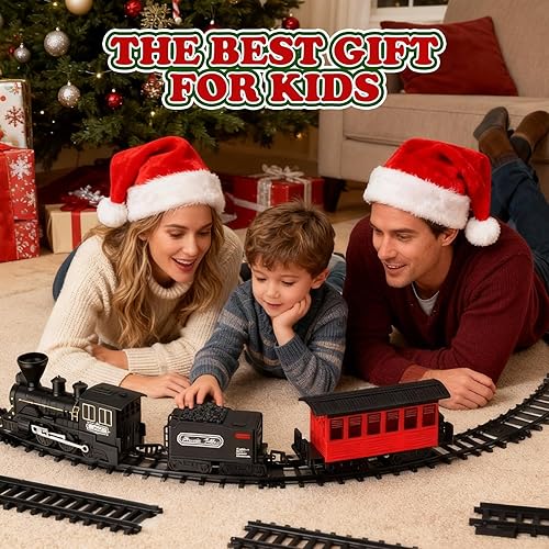 Miniatura 7 de Juego de tren de Navidad de 15 piezas con humo, sonido y luces, pista elegante y vagones de pasajeros vintage para Navidad, juego de tren de vapor
