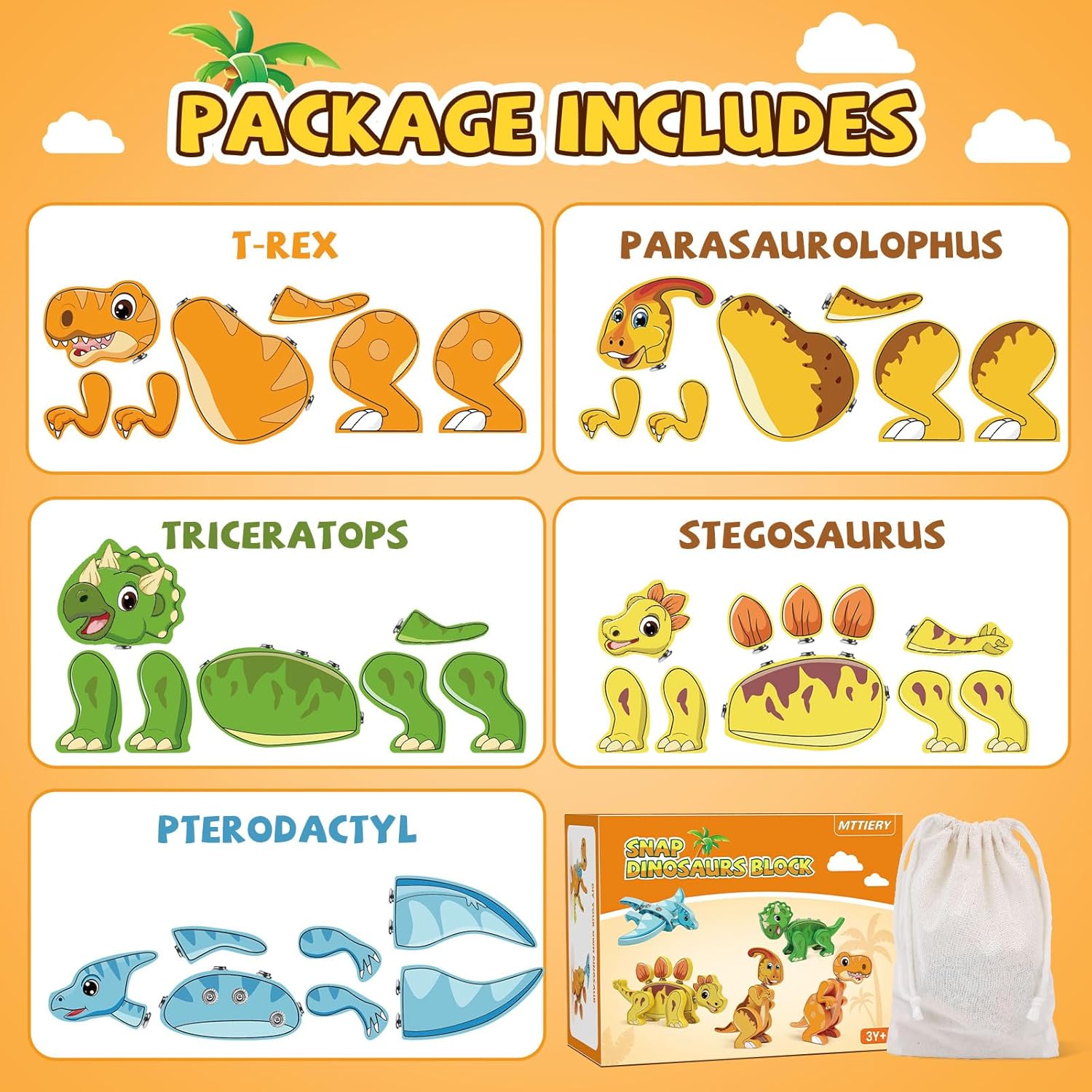 36 PCS Wooden Building Blocks Sorting Stacking Rocks Dinosaur Toys for Kids 3-5