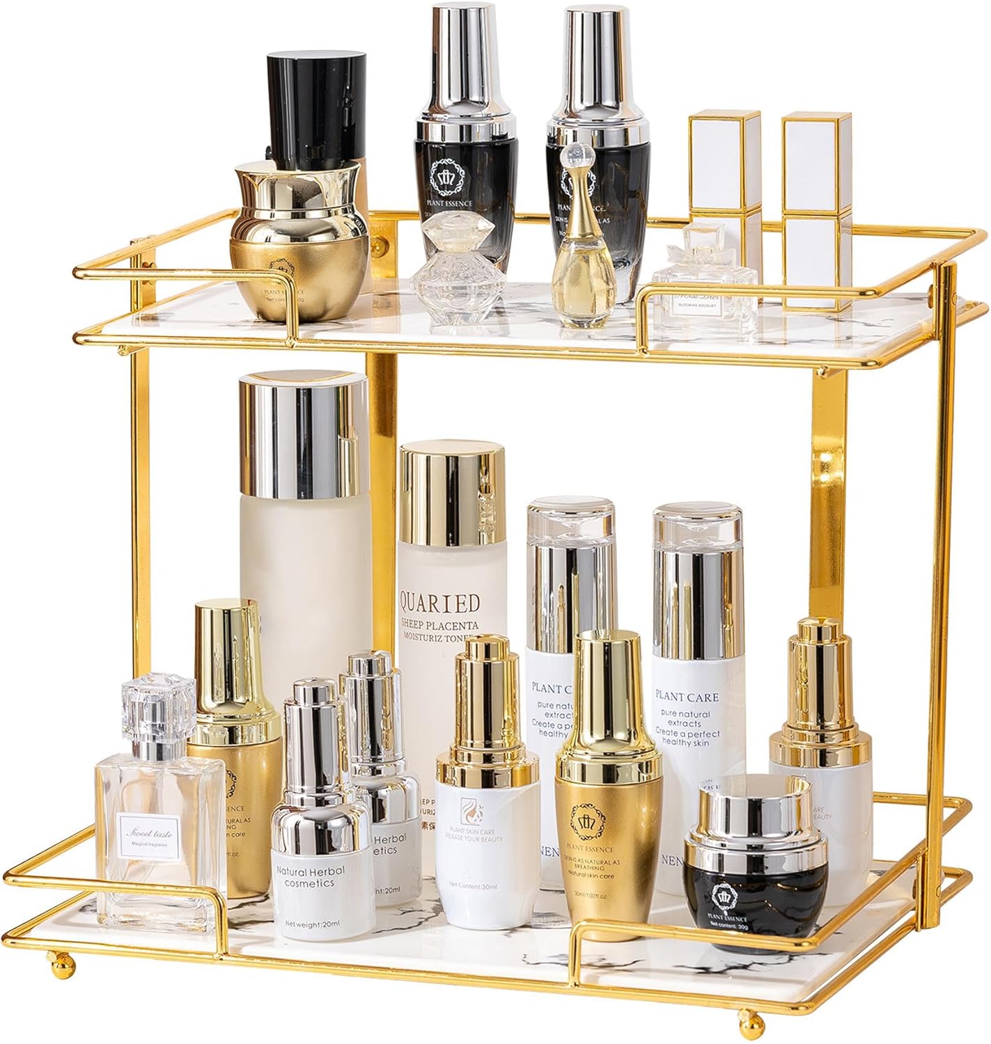 2 Tier Bathroom Cabinet Countertop Organizer Perfume Lipstick Makeup Organizer Cosmetics Storage Display Rack Vanity Tray Metal Dresser Storage Shelf White Marble Ceramic Tray Black