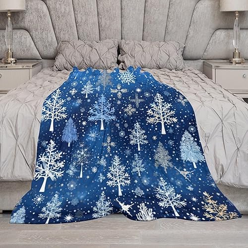 Miniatura 6 de Manta azul con diseño de árboles de Navidad y copos de nieve, diseño de copos de nieve, 30 x 40 pulgadas, manta de franela cálida para sofá, cama,