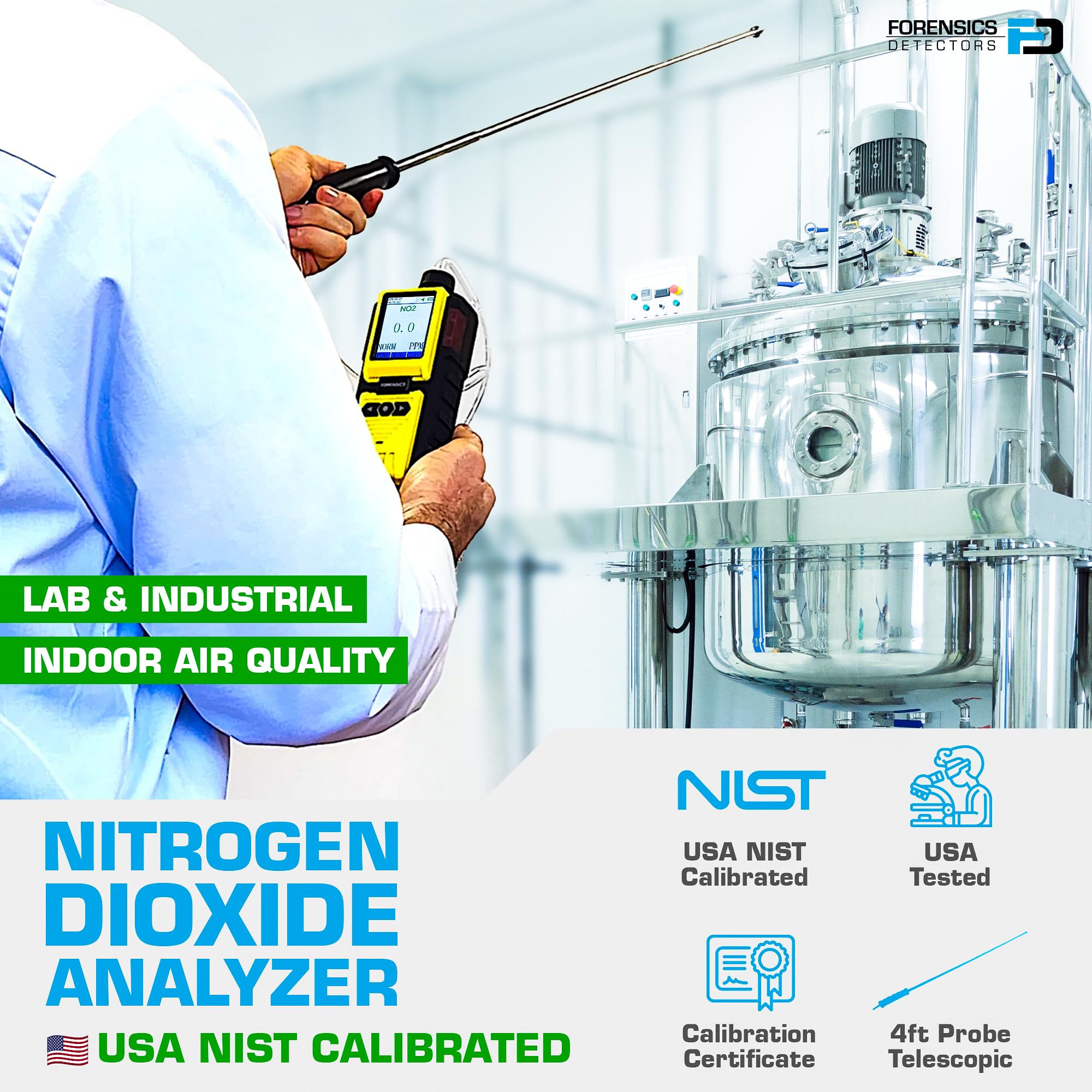 Analizador de Dióxido de Nitrógeno (NO2) | Certificado de Calibración EU | NO2 0–20 ppm | Bomba Integrada y Sonda de 4 Pies