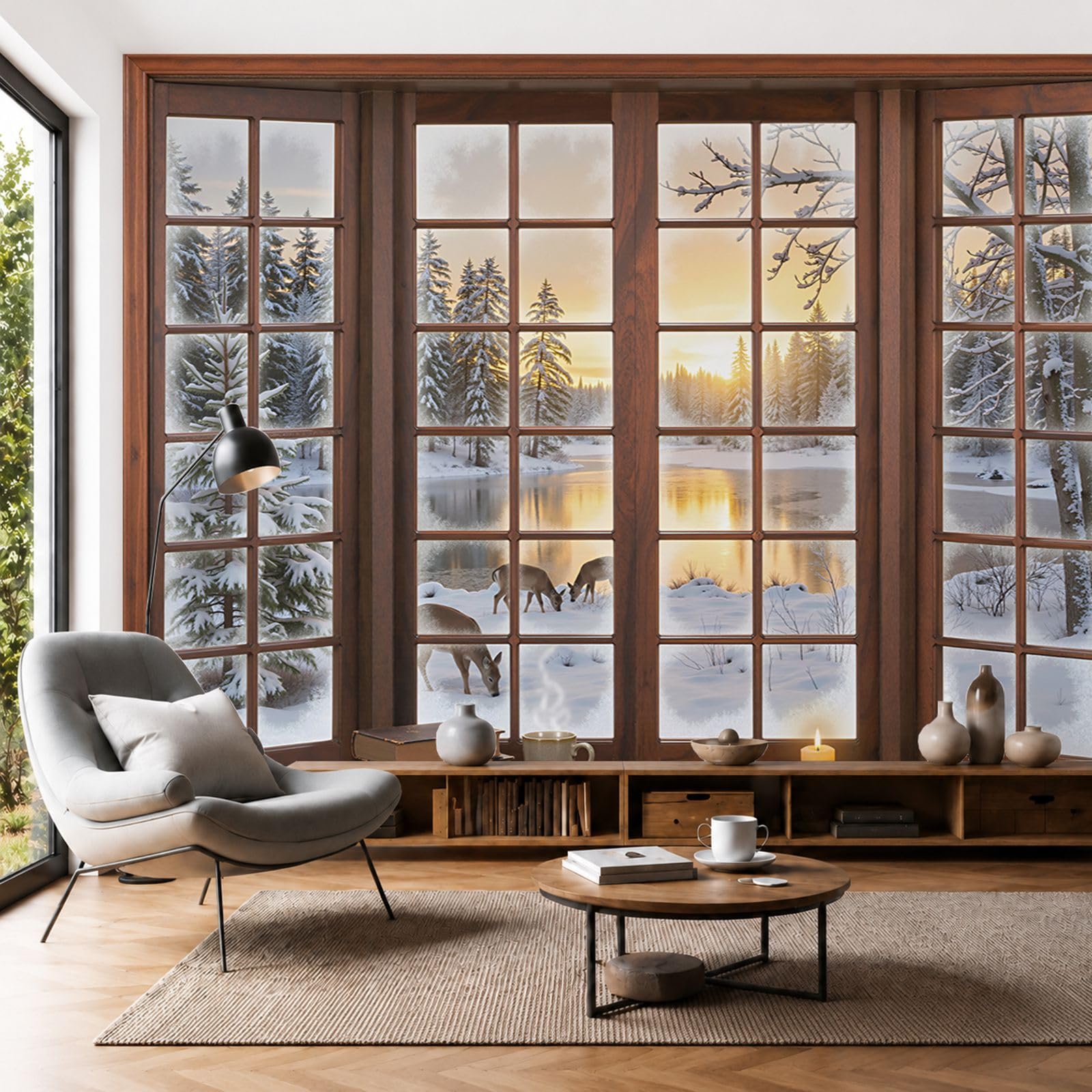 Papier peint panoramique fenetre bois pour remplacer un mur blanc triste en salon