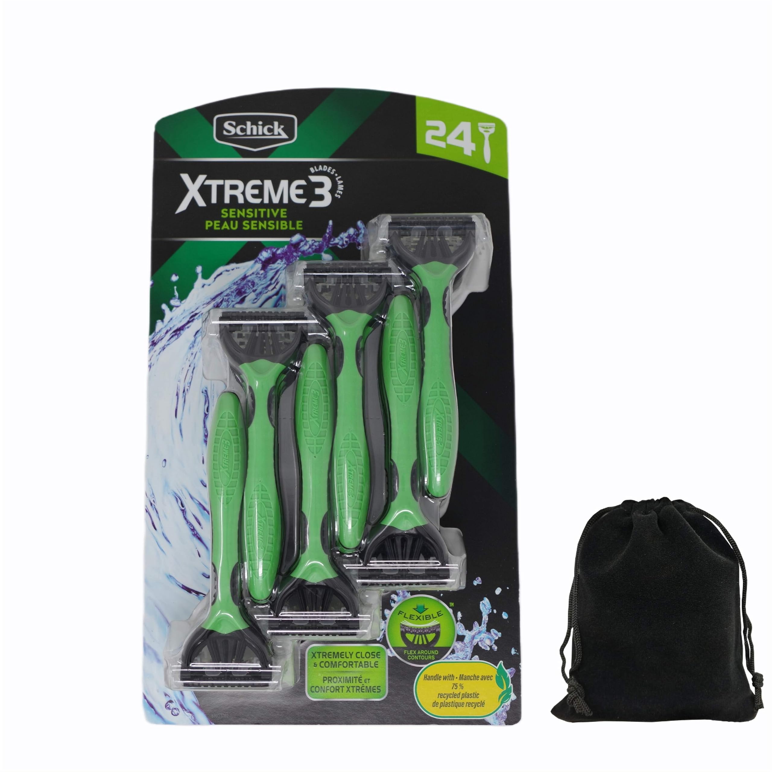 Schick Xtreme 3 Sensitive Disposable Razors for Men, Includes Carrying Pouch (24 Count/Sensitive Skin)