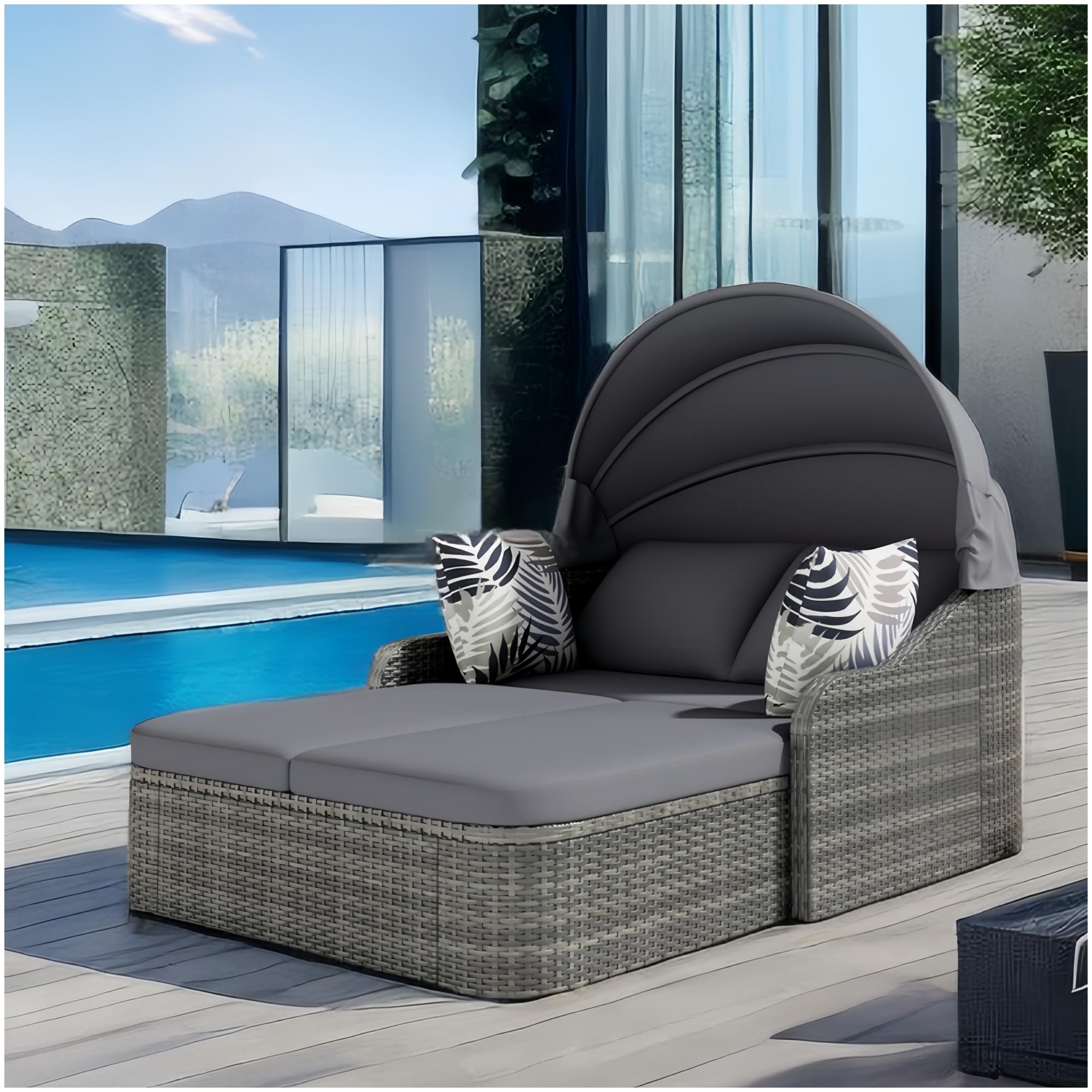 Lubvtti Juego de salón de jardín, sofá de exterior, ratán PE con techo ajustable, sofá cama de 2 plazas con 4 cojines y cojín desenfundable, muebles de jardín, doble salón, gris