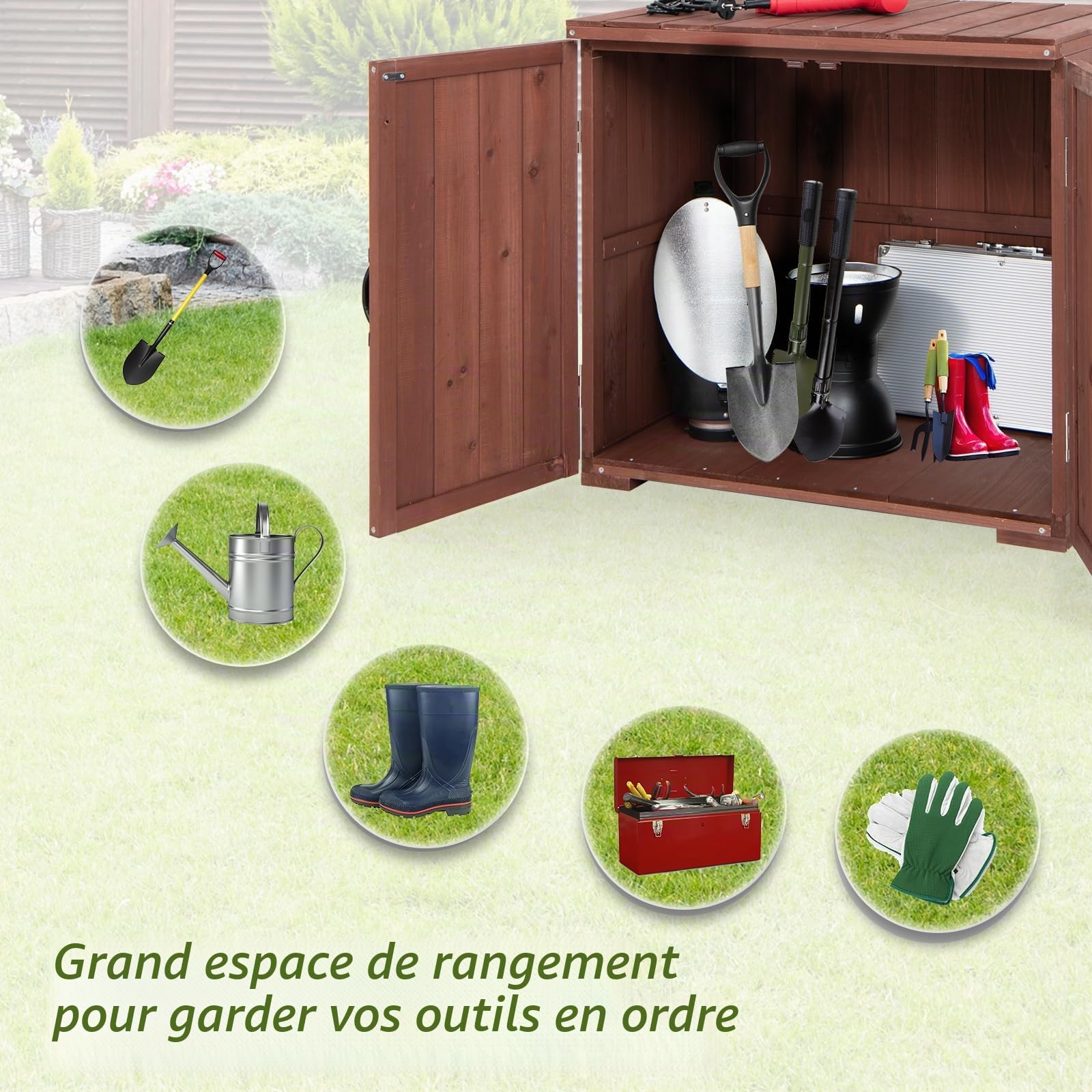HOMASIS Étagère de jardin en bois, abri de jardin résistant aux intempéries, armoire en bois avec double portes et 2 poignées, abri de rangement pour outils de jardin, 77 x 56 x 72 cm, Café